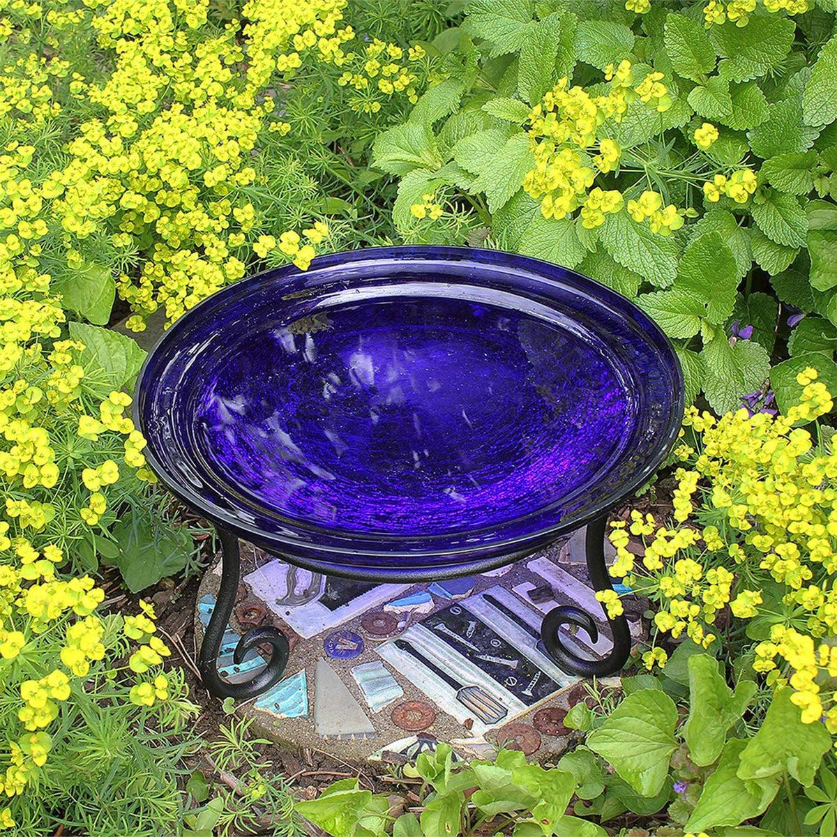 Achla Designs Hand Blown Crackle Glass Garden Birdbath with Stand, Cobalt Blue