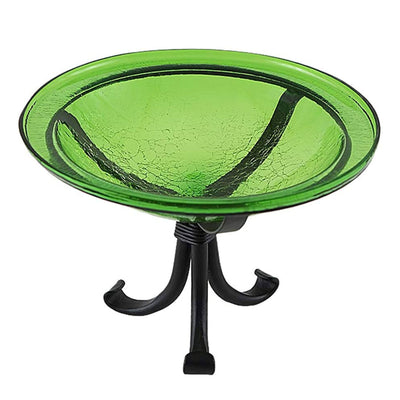 Achla Designs Hand Blown Crackle Glass Garden Birdbath with Tripod Stand, Green