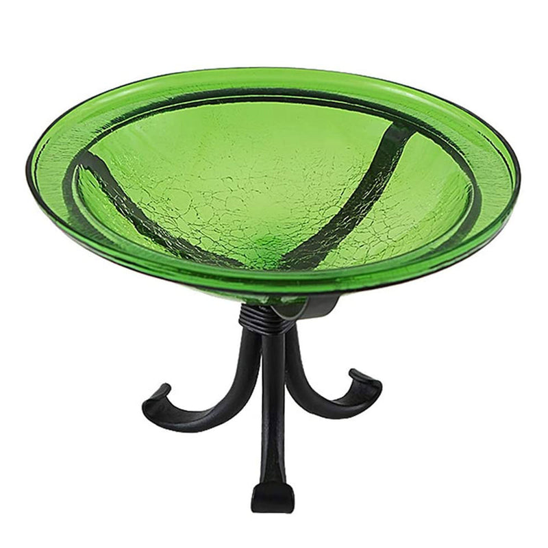 Achla Designs Hand Blown Crackle Glass Garden Birdbath with Tripod Stand, Green