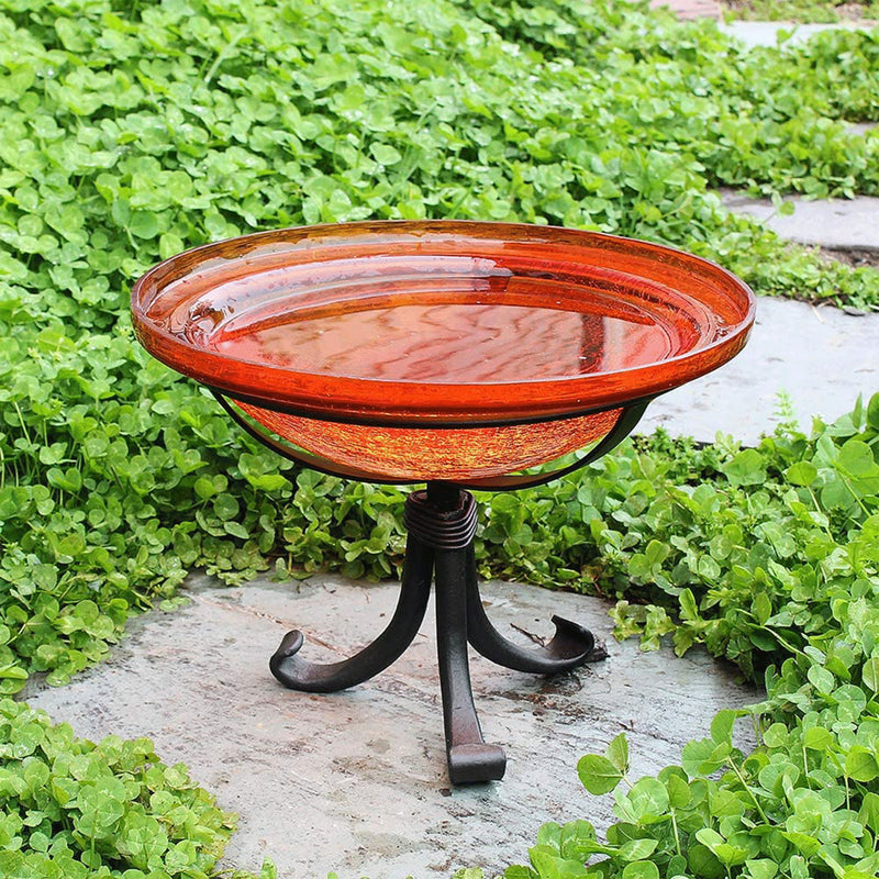 Achla Designs Hand Blown Crackle Glass Garden Birdbath w/ Tripod Stand, Mandarin