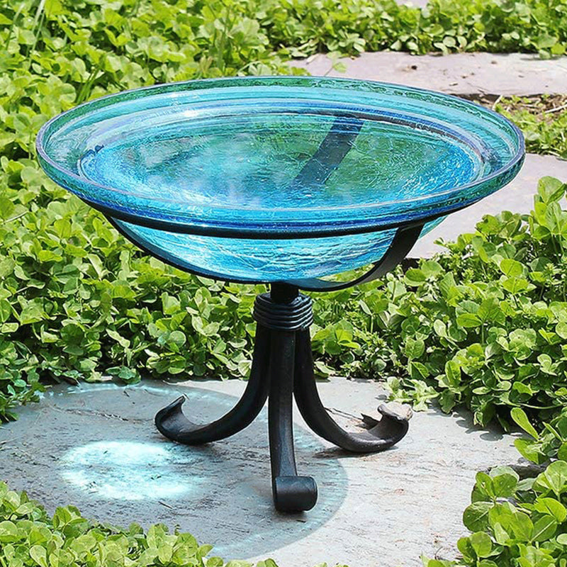 Achla Designs Hand Blown Crackle Glass Garden Birdbath with Tripod Stand, Teal
