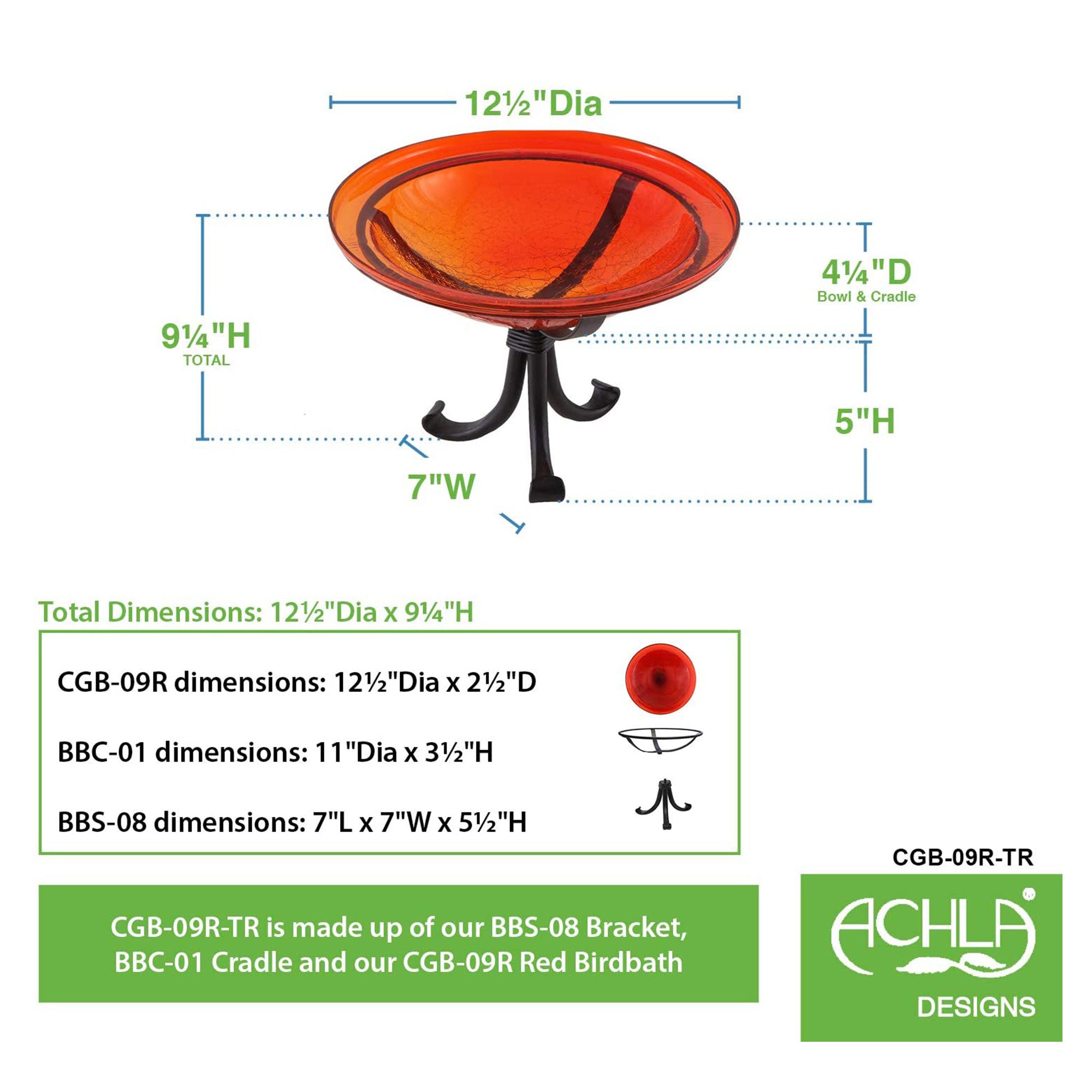 Achla Designs Hand Blown Crackle Glass Garden Birdbath with Tripod Stand, Red - VMInnovations