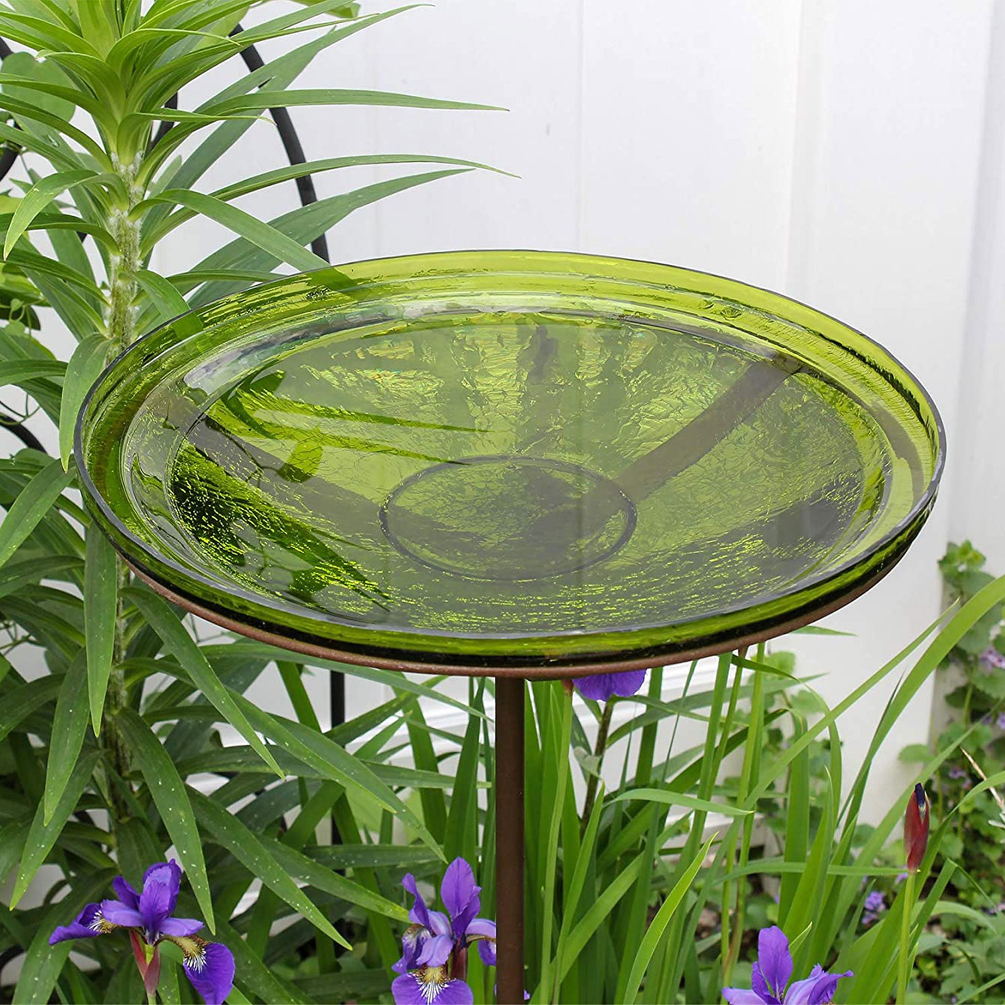 Achla Designs 14 Inch Hand Blown Crackle Glass Birdbath with Stake, Fern Green - VMInnovations