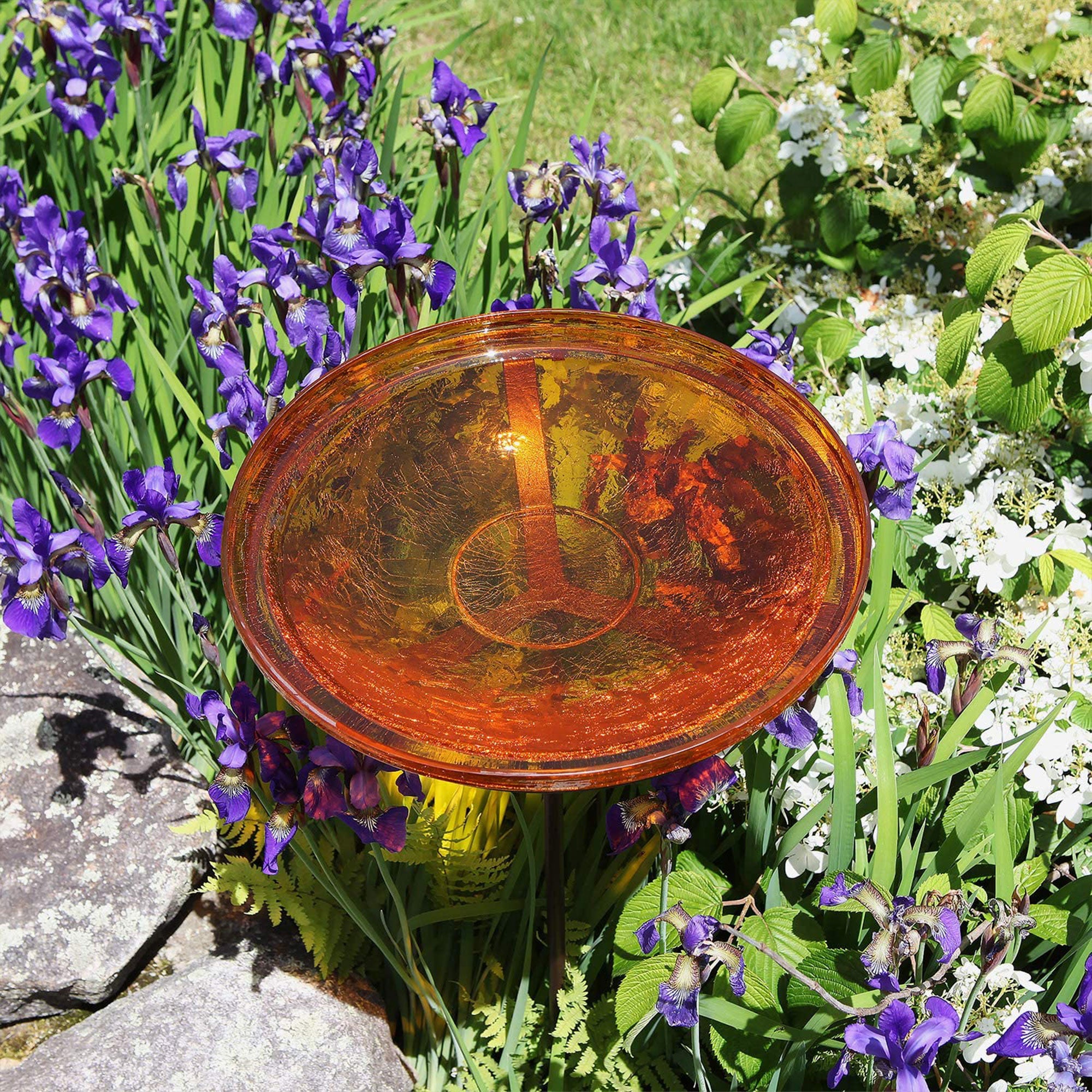 Achla Designs 14 Inch Hand Blown Glass Birdbath with Stake, Mandarin (Open Box) - VMInnovations