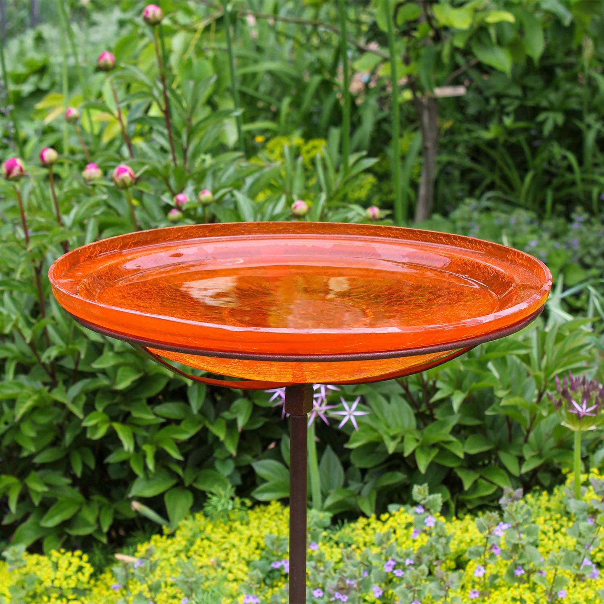Achla Designs 14 Inch Hand Blown Glass Birdbath with Stake, Mandarin (Open Box) - VMInnovations