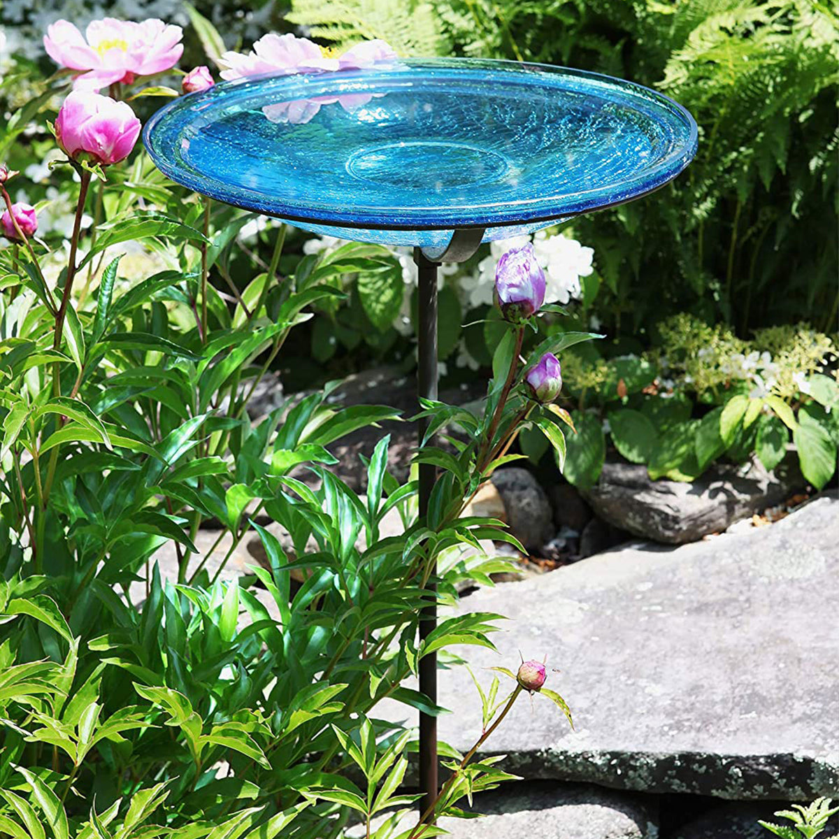 Achla Designs 14 Inch Hand Blown Crackle Glass Birdbath with Metal Stake, Teal