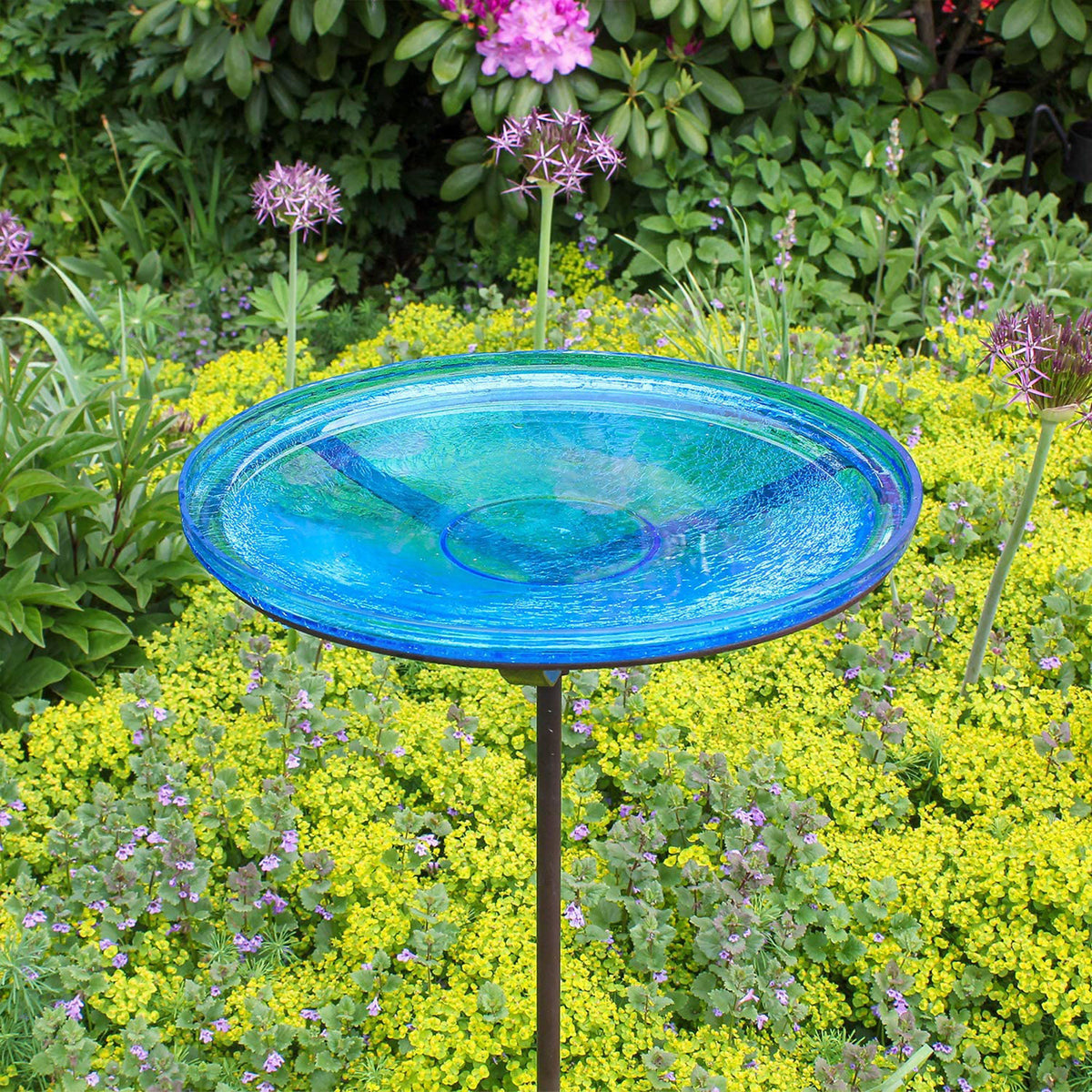Achla Designs 14 Inch Hand Blown Crackle Glass Birdbath with Metal Stake, Teal