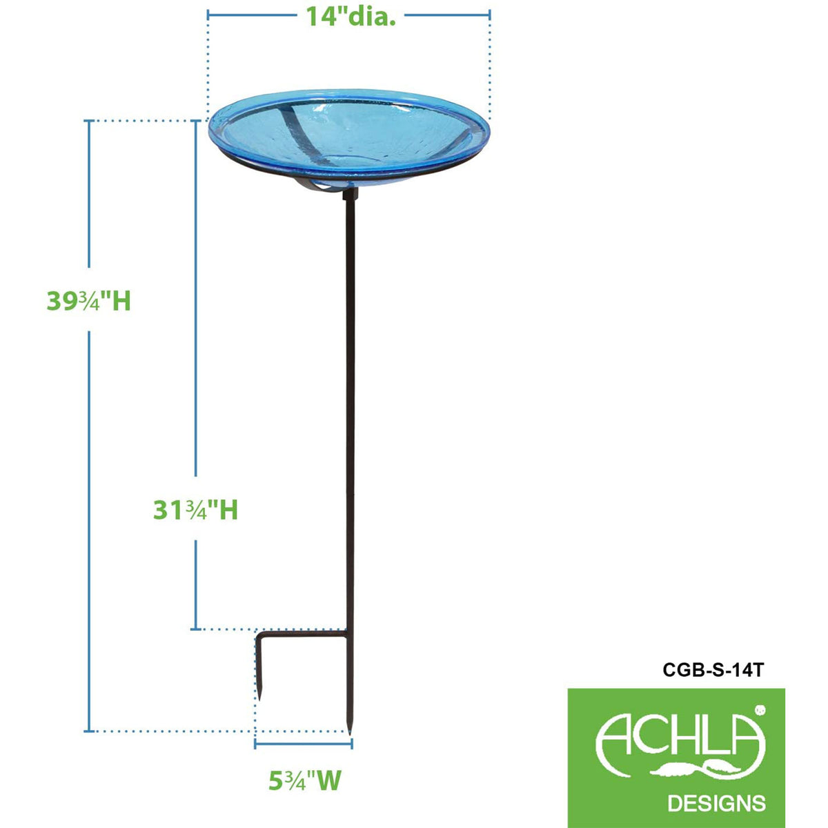 Achla Designs 14 Inch Hand Blown Crackle Glass Birdbath with Metal Stake, Teal