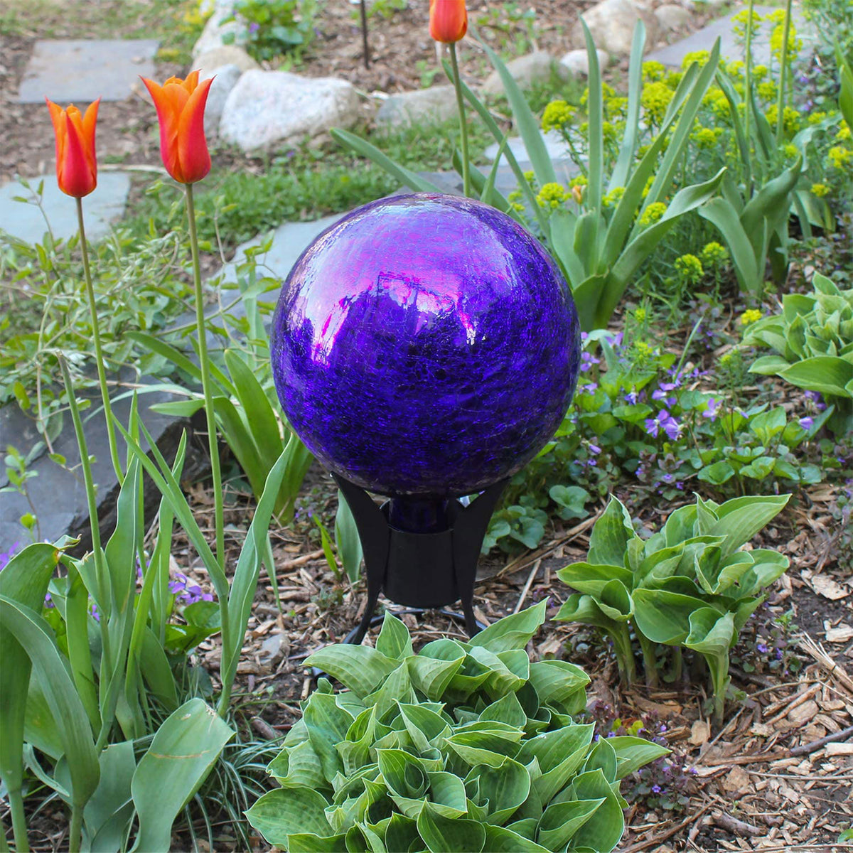 Achla Designs 10 Inch Gazing Glass Globe Crackle Sphere Garden Ornament, Blue