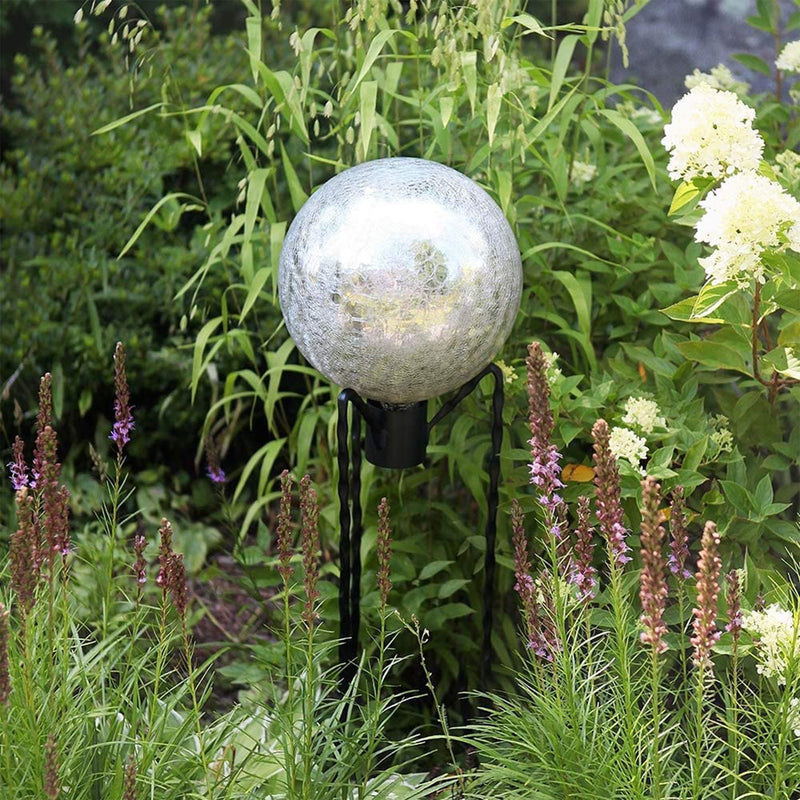 Achla Designs 12 Inch Glass Gazing Crackly Globe Sphere Garden Ornament, Silver