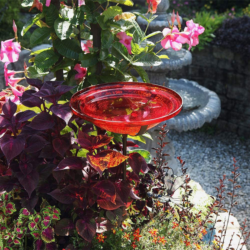 Achla Designs 12 Inch Hand Blown Crackled Glass Birdbath with Metal Stake, Red