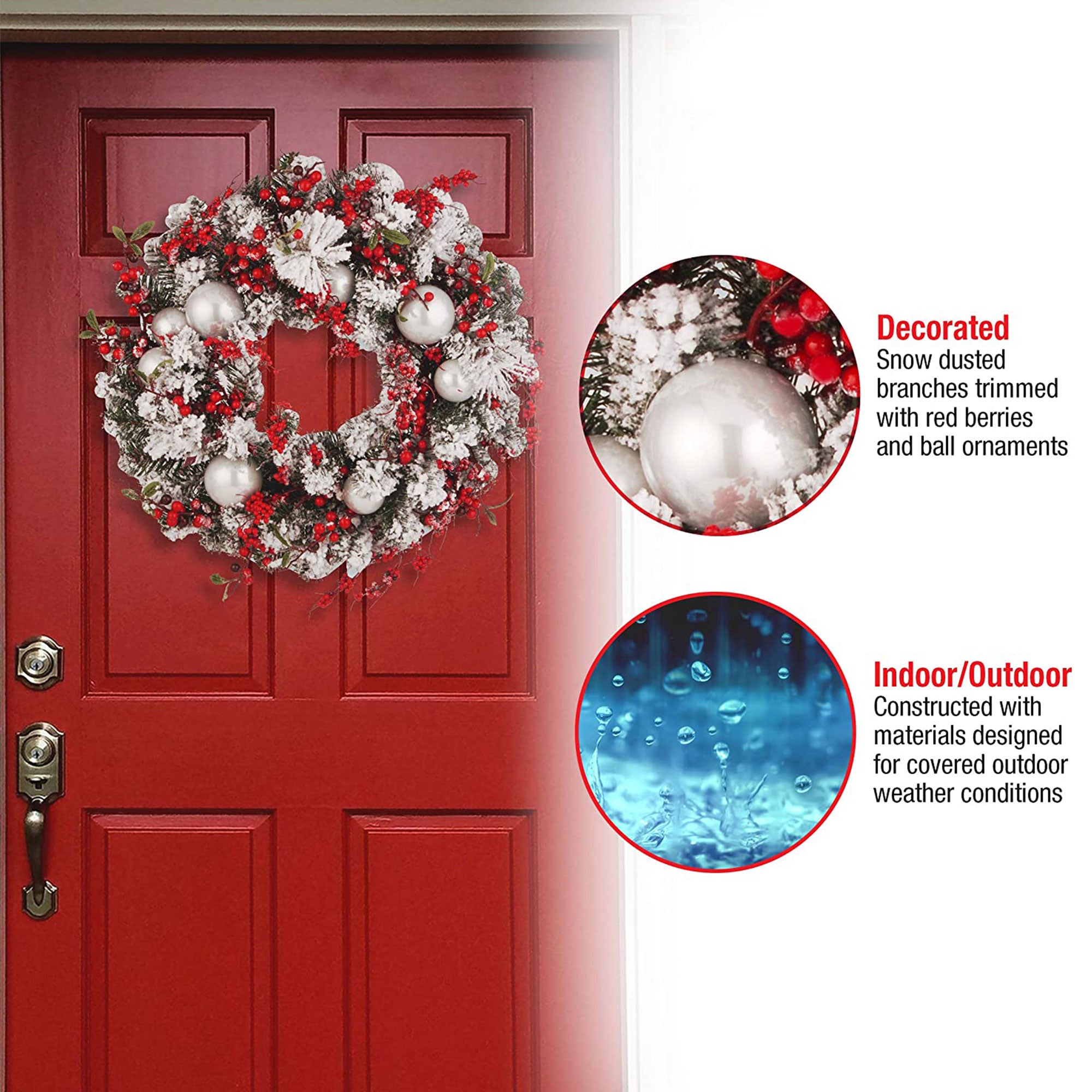 24 Inch Wreath with Frosted Branches, Ornaments, Berries (Open Box) - VMInnovations