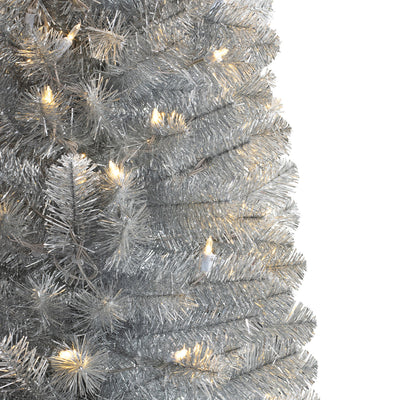 Treetopia Shimmering Silver 7 Ft Artificial Prelit Pencil Tinsel Christmas Tree