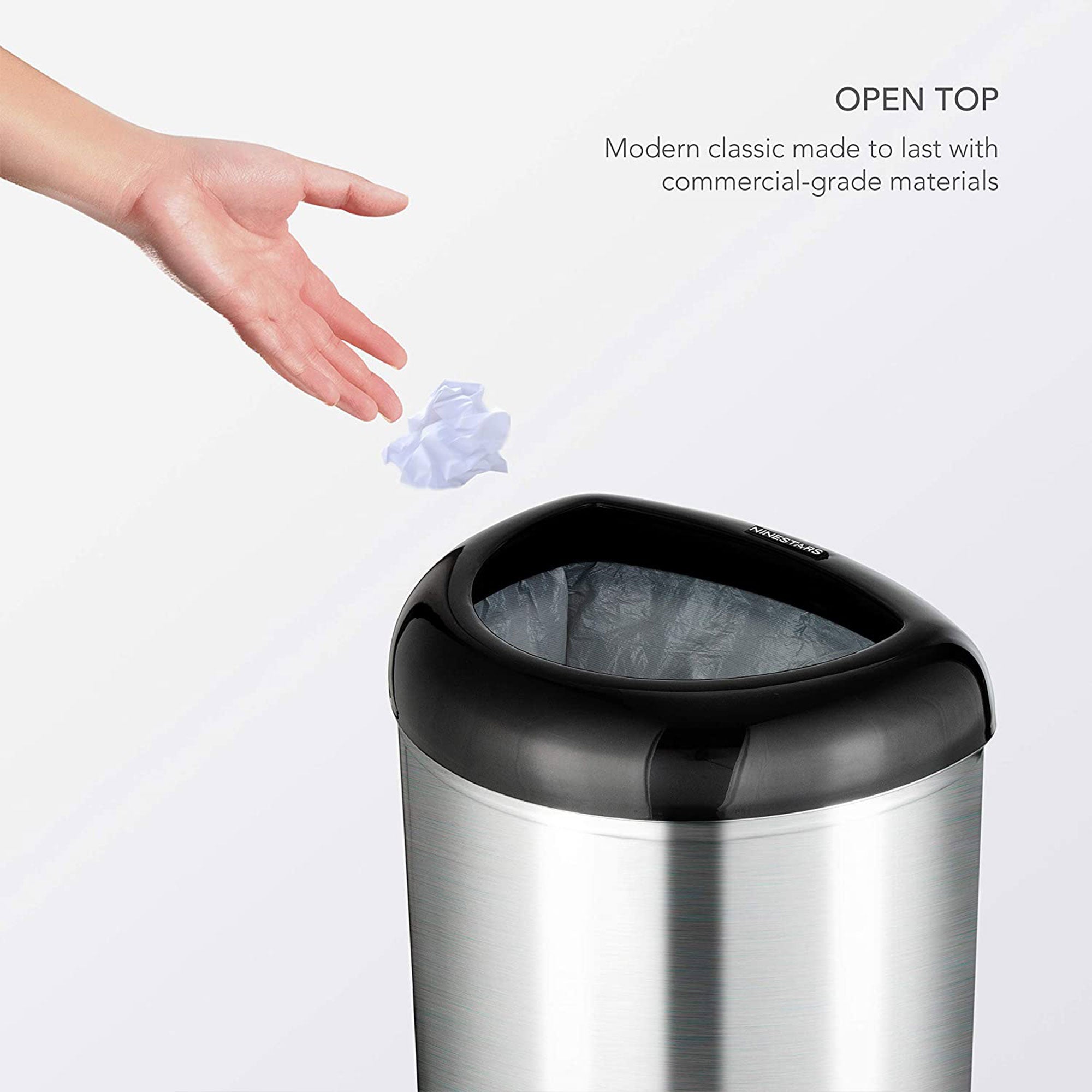 NINESTARS 13 Gal Stainless Steel Semi Round Open Top Trash Can, Silver (2 Pack)