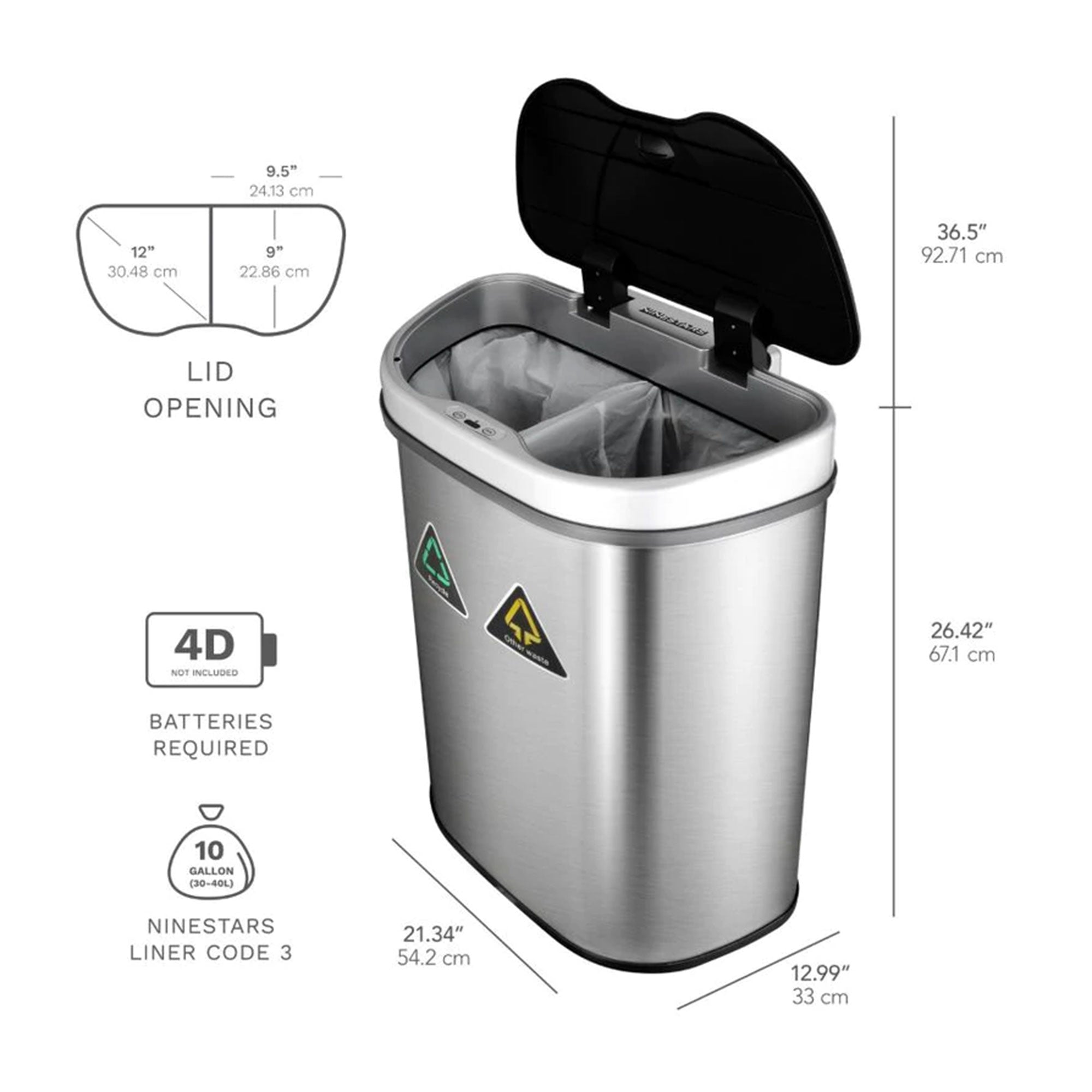 NINESTARS 18.5 Gallon Dual Compartment Motion Sensor Garbage Trash Can (2 Pack)