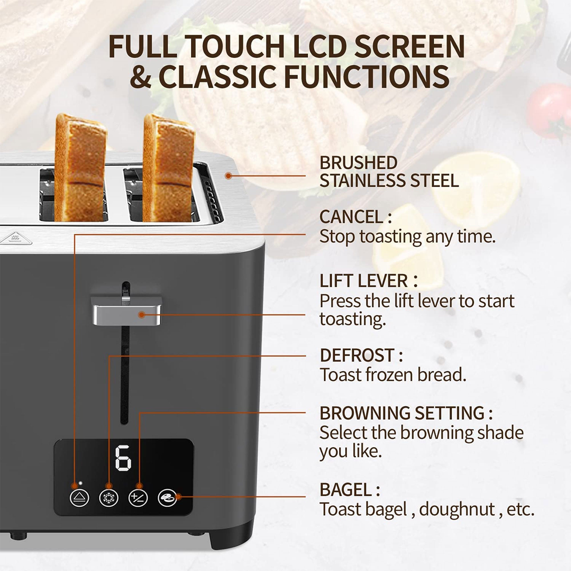 BBday 4 Slice Stainless Steel Toaster w/ Extra Wide Slot & LCD Display(Open Box)