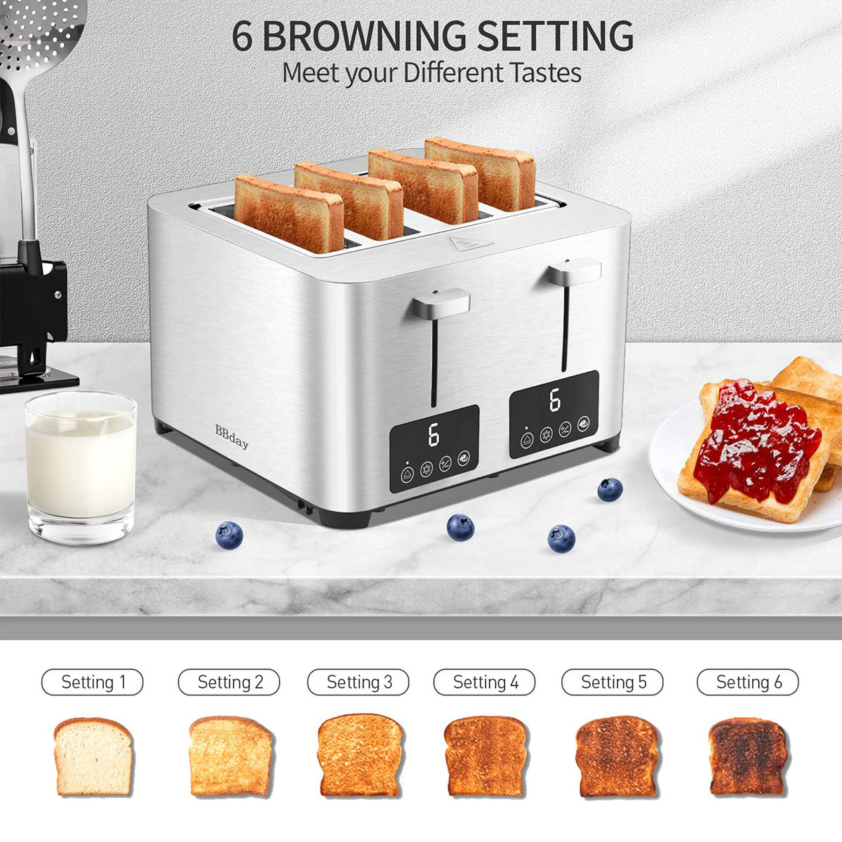 BBday 4 Slice Stainless Steel Toaster with Extra Wide Slot & LCD Display, Silver