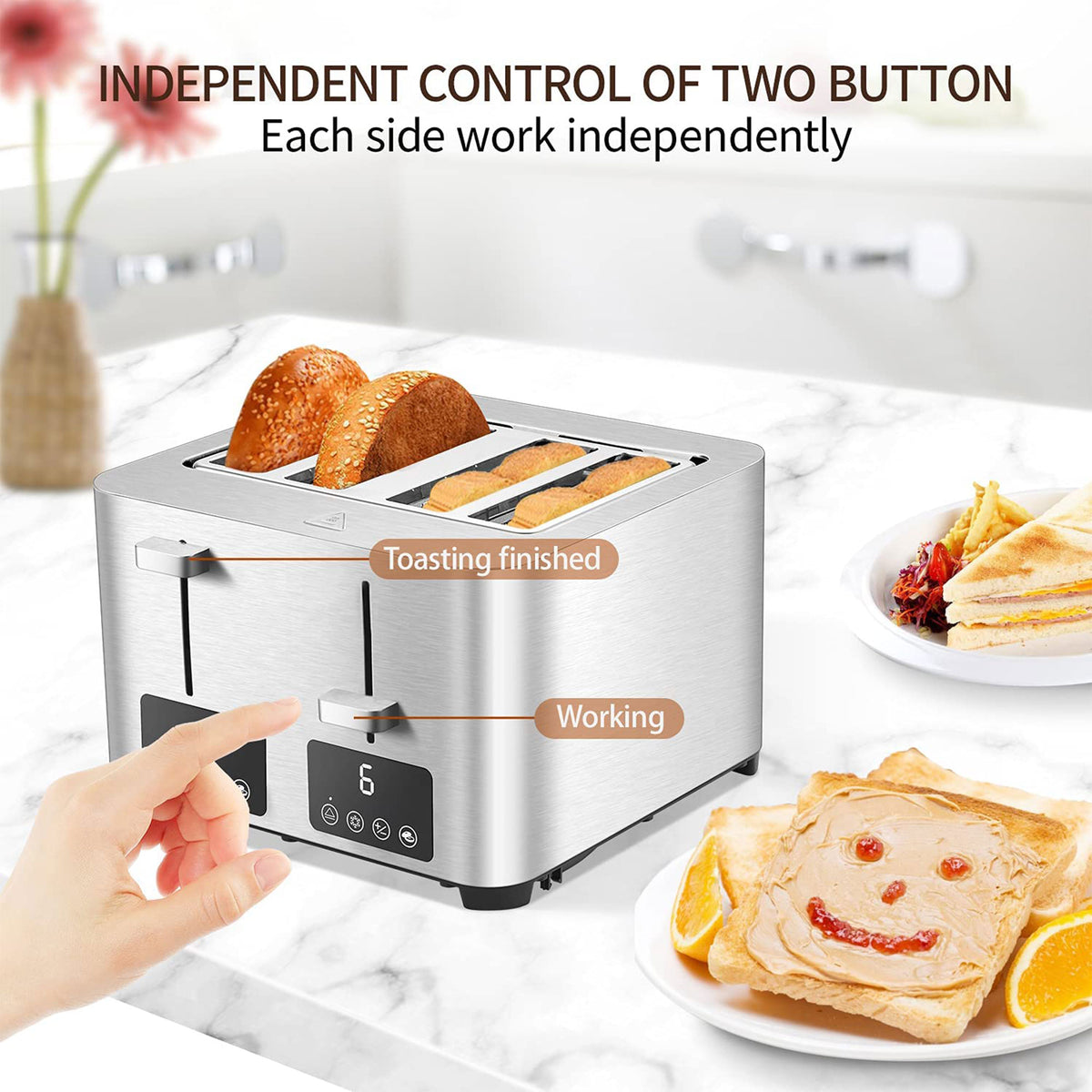 BBday 4 Slice Stainless Steel Toaster with Extra Wide Slot & LCD Display, Silver