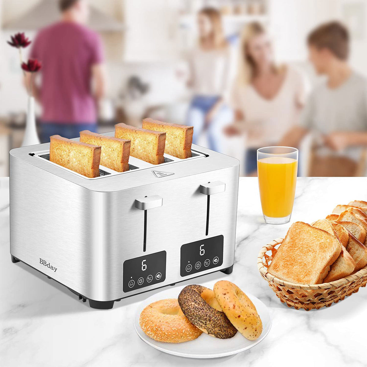 BBday 4 Slice Stainless Steel Toaster with Extra Wide Slot & LCD Display, Silver