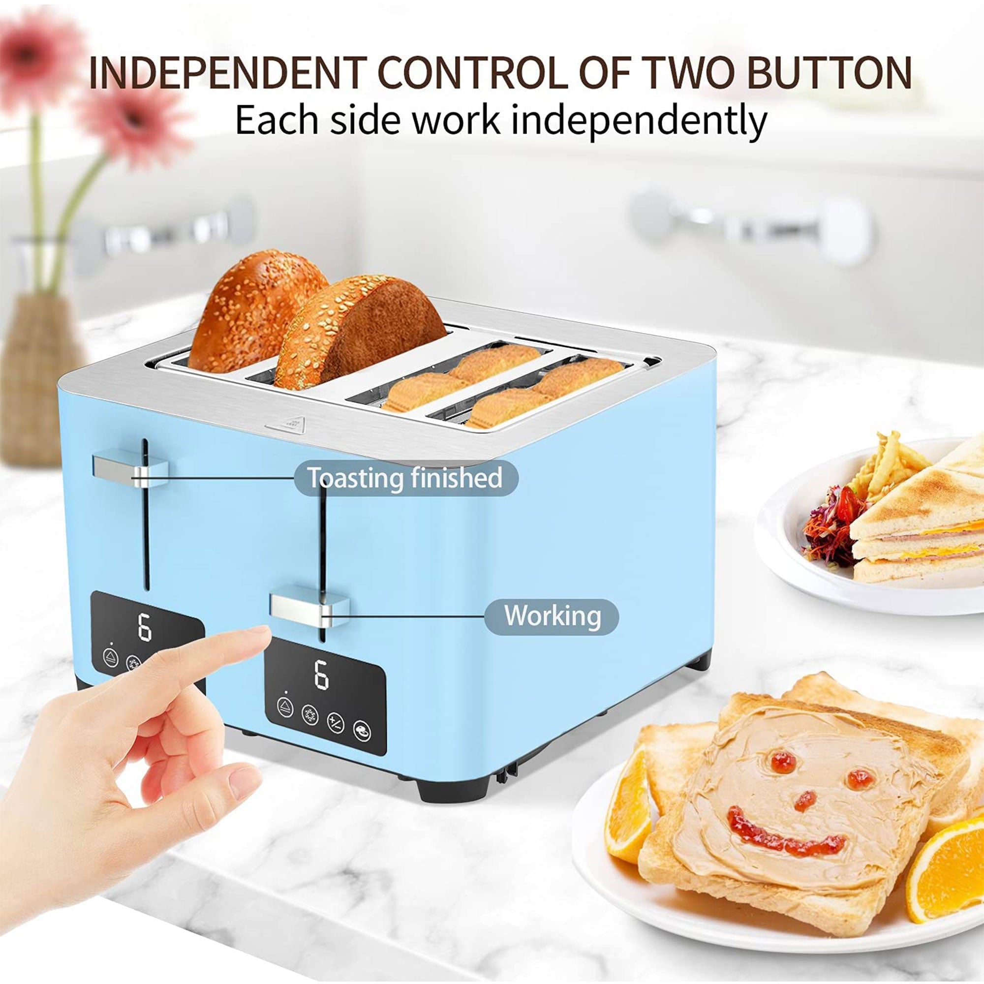 BBday 4 Slice Stainless Steel Toaster with Extra Wide Slot and LCD Display, Blue