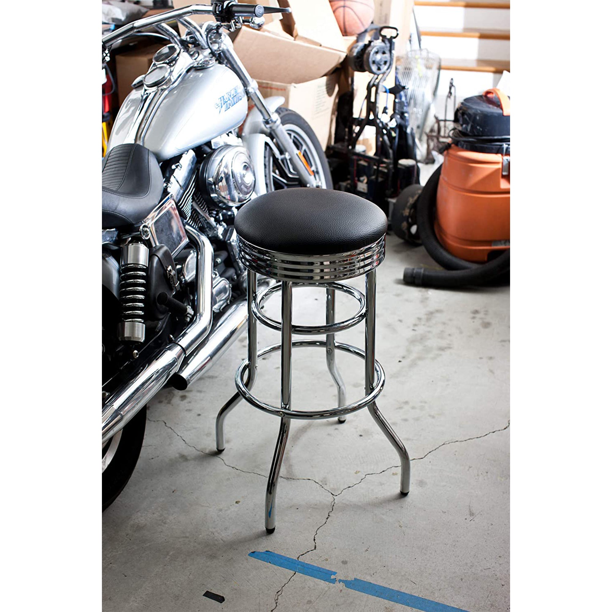 Trinity 30 Inch Double Ring Faux Leather Swivel Seat Bar Stools, 2 Pack, Chrome