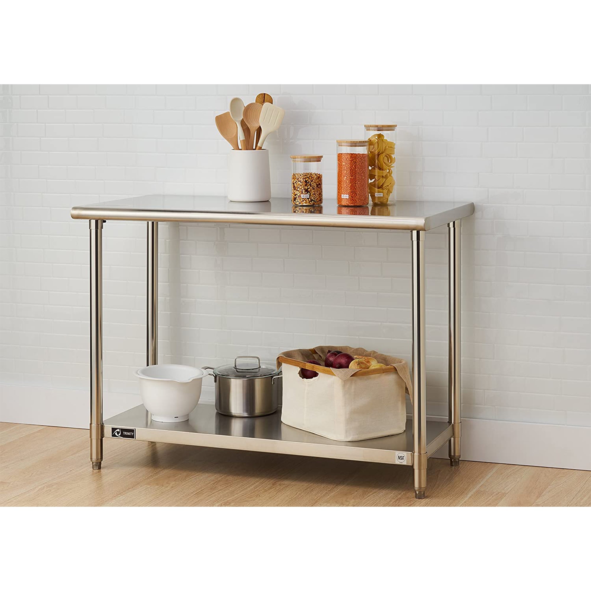 Trinity EcoStorage Adjustable Kitchen or Garage Stainless Steel Table, Chrome - VMInnovations