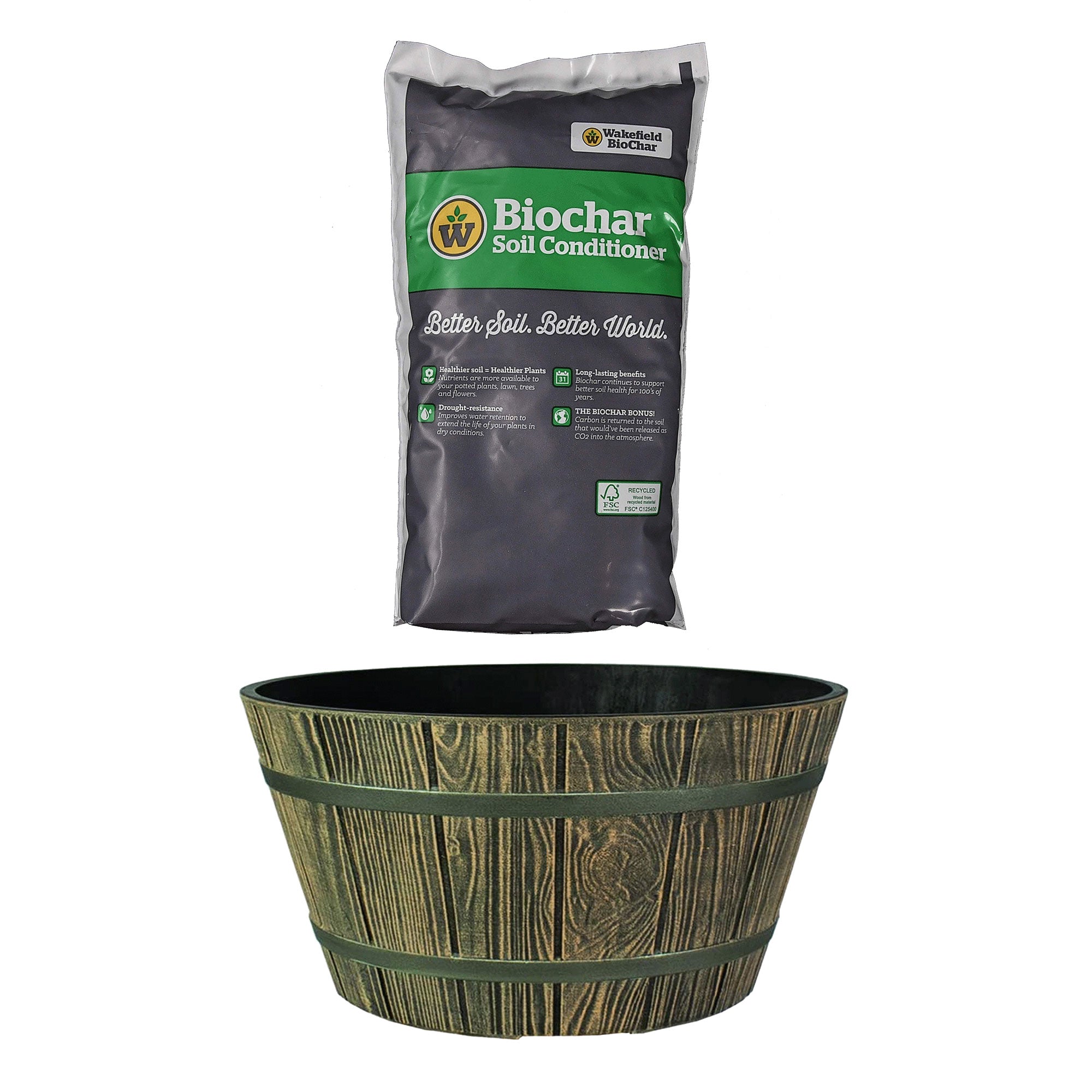 HC Companies Wooden Barrel Planter w/ Wakefield 1 Gallon Garden Soil Conditioner - VMInnovations