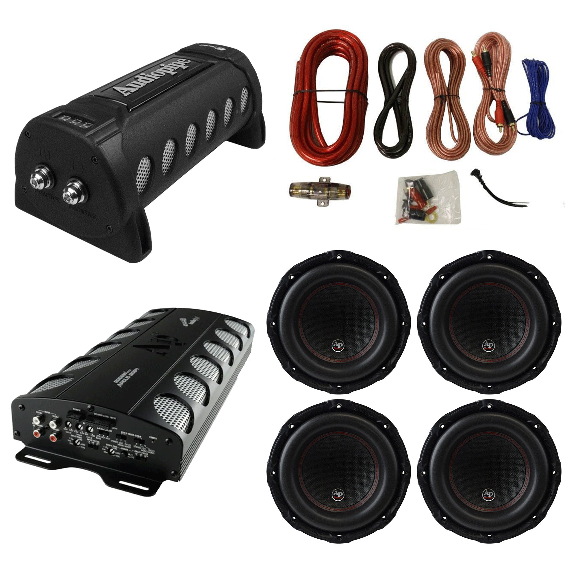 Audiopipe Class D Amp, Capacitor, 10 In Dual Subwoofer 4 Pk, & QPOWER Wiring Kit - VMInnovations