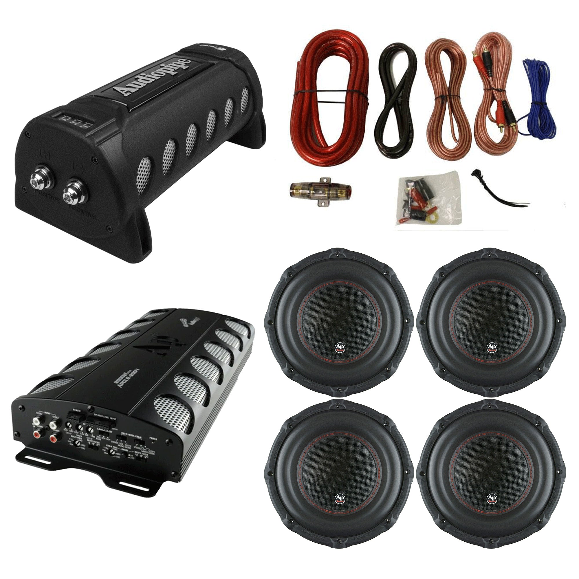 Audiopipe Class D Amp, Capacitor, 12 In Dual Subwoofer 4 Pk, & QPOWER Wiring Kit - VMInnovations