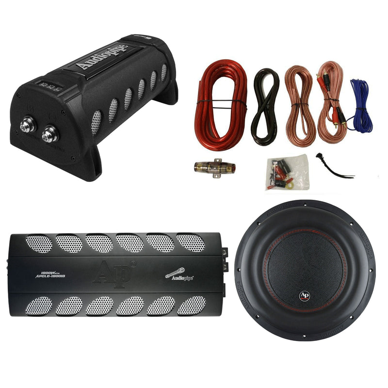 Audiopipe Class D Amp, Capacitor, 2200W 12 Inch Subwoofer, and QPOWER Wiring Kit