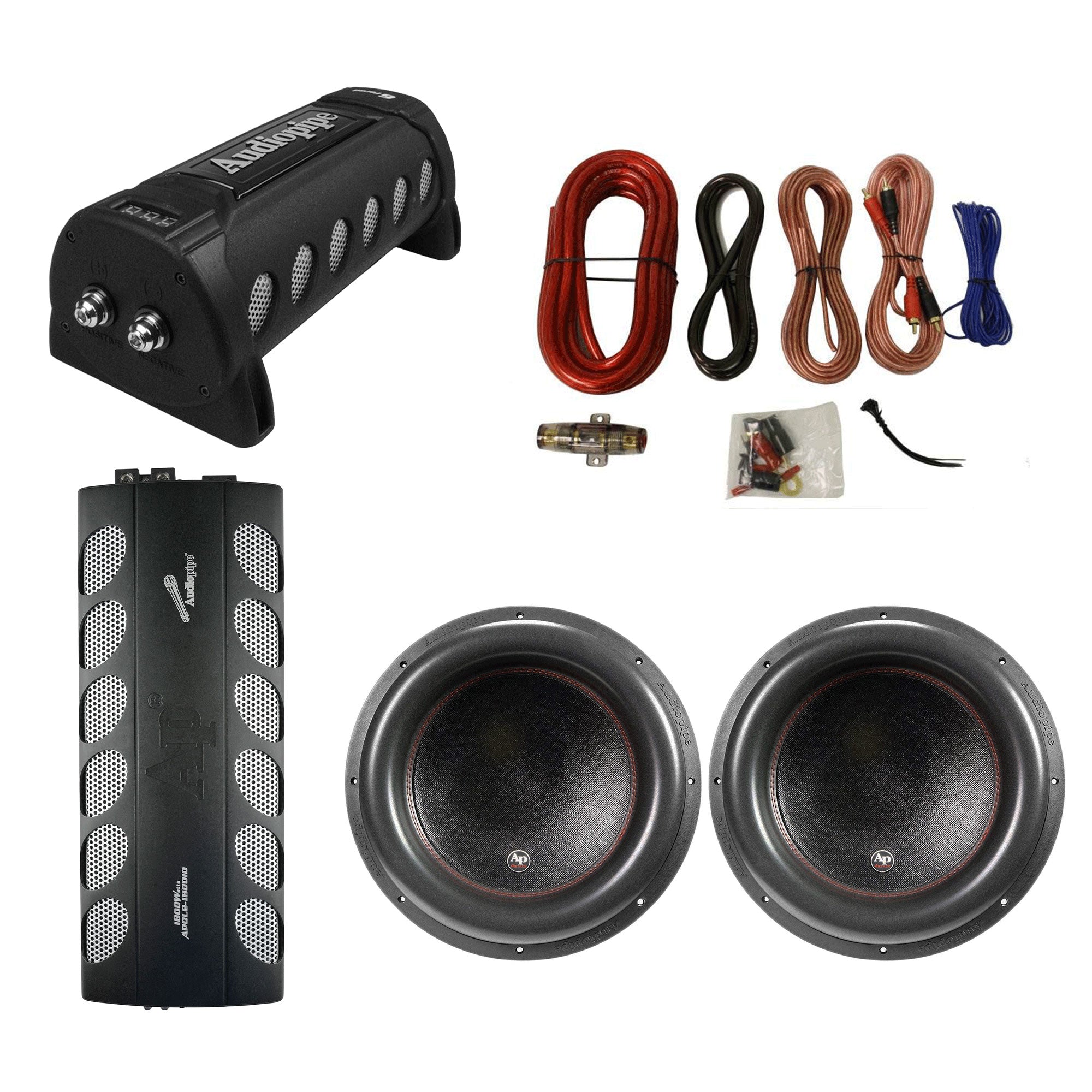 Audiopipe Class D Amp, Capacitor, 2800W 15in Subwoofer 2-Pk, & QPOWER Wiring Kit - VMInnovations