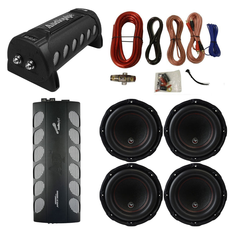 Audiopipe Class D Amp, Capacitor, 10 Inch Subwoofer 4 Pack, & QPOWER Wiring Kit