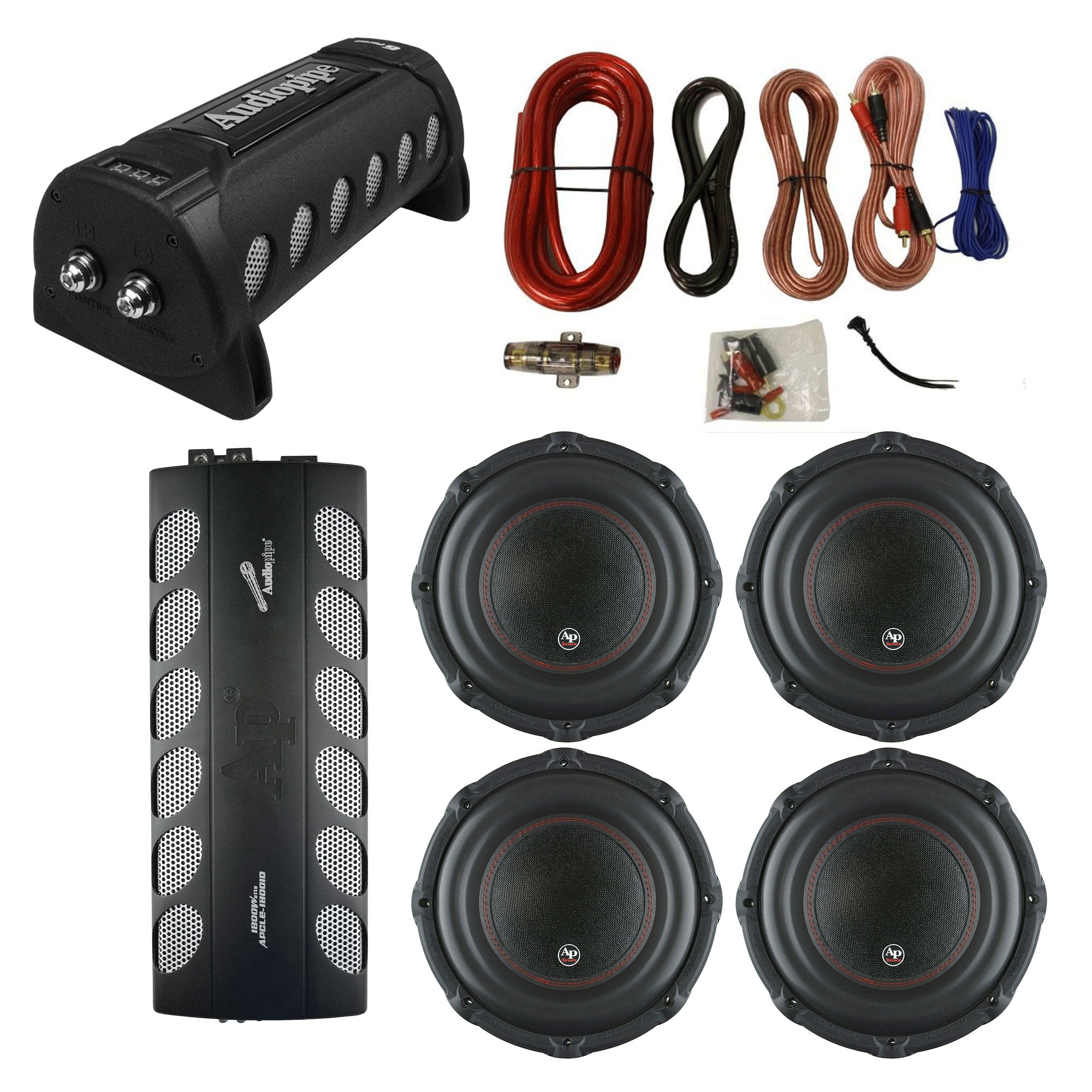 Audiopipe Class D Amp, Capacitor, 12 Inch Subwoofer 4 Pack, & QPOWER Wiring Kit