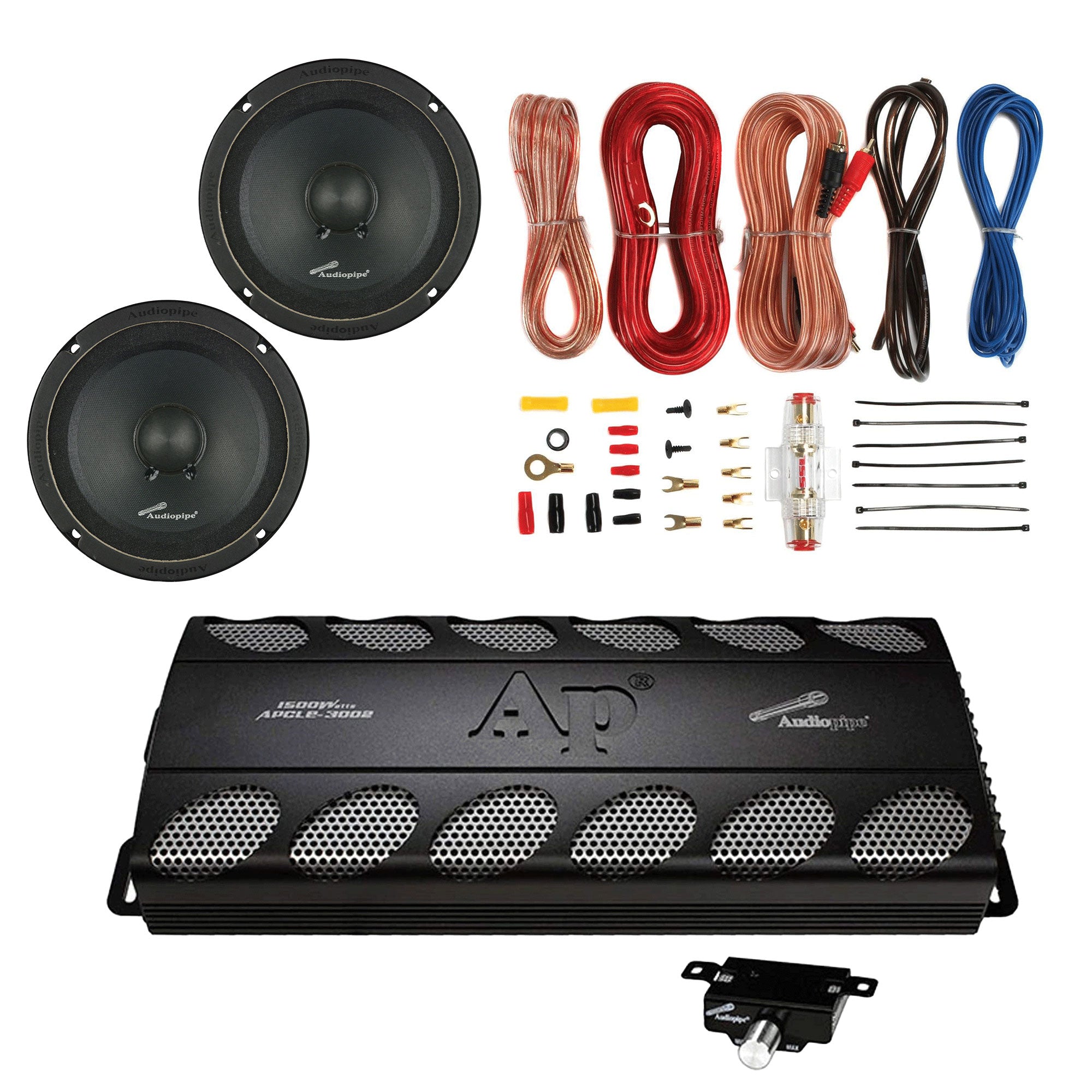 Audiopipe Class AB Amp, 6 Inch Stereo Speaker (2 Pack), and Soundstorm Wire Kit - VMInnovations