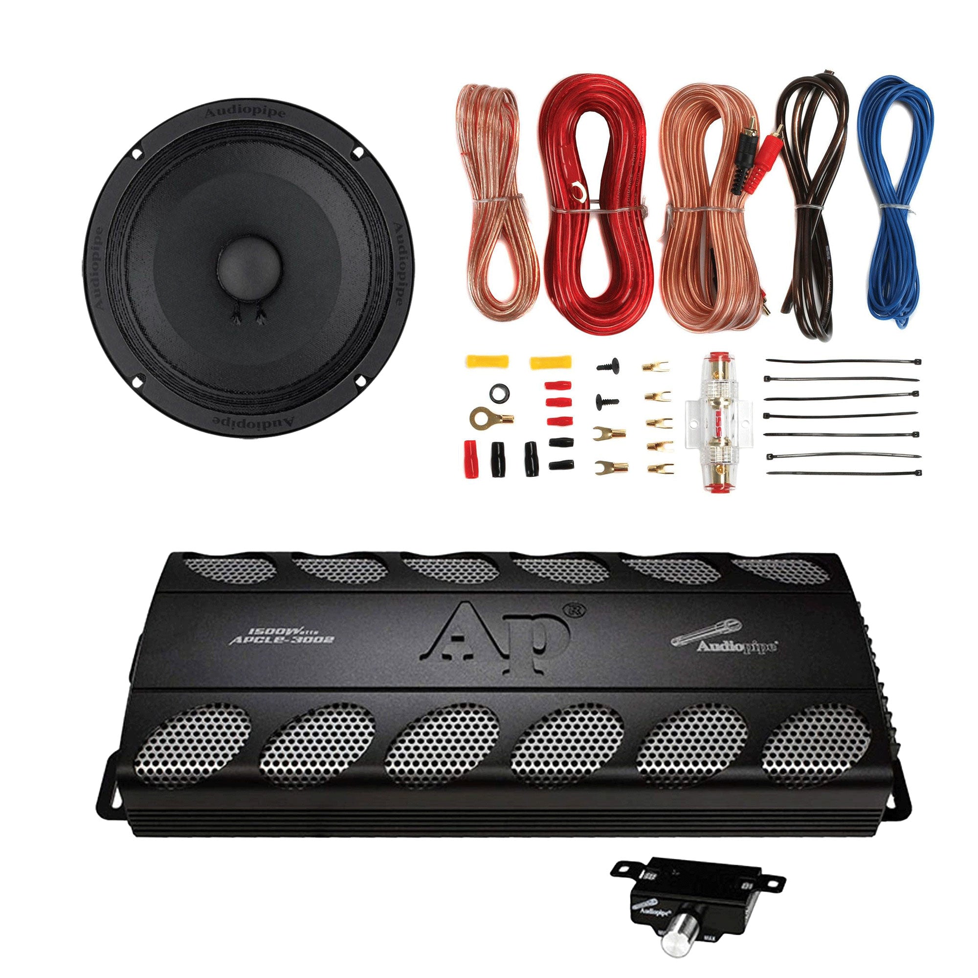 Audiopipe Class AB 2 Channel Amp, 8 Inch Stereo Speaker, and Soundstorm Wire Kit - VMInnovations