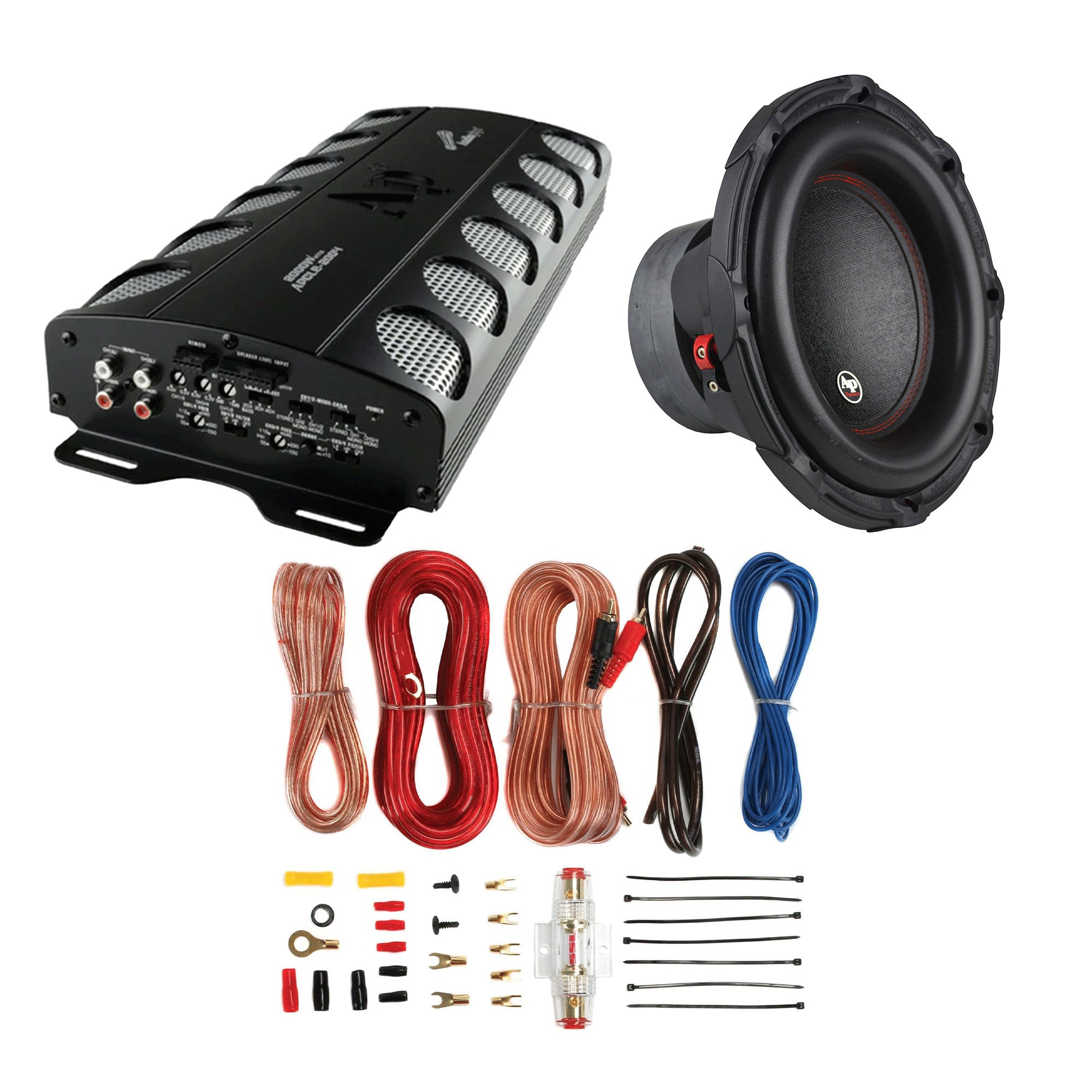AudioPipe Class AB 4 Channel Amp, 12 In 1500W Subwoofer, and Soundstorm Wire Kit - VMInnovations