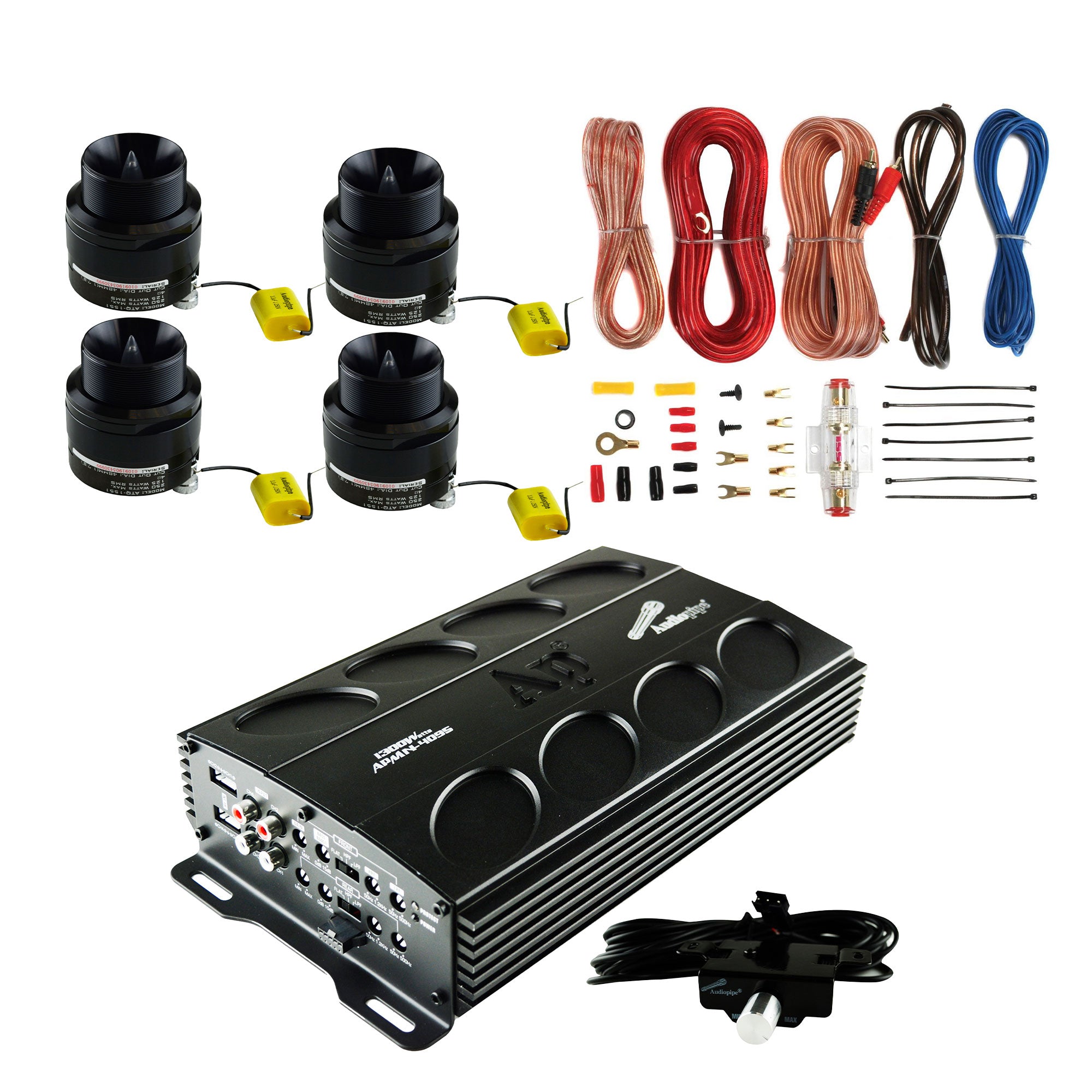 AudioPipe MOSFET Car Stereo Amplifier w/ 4 Bullet Tweeters & Complete Wiring Kit - VMInnovations