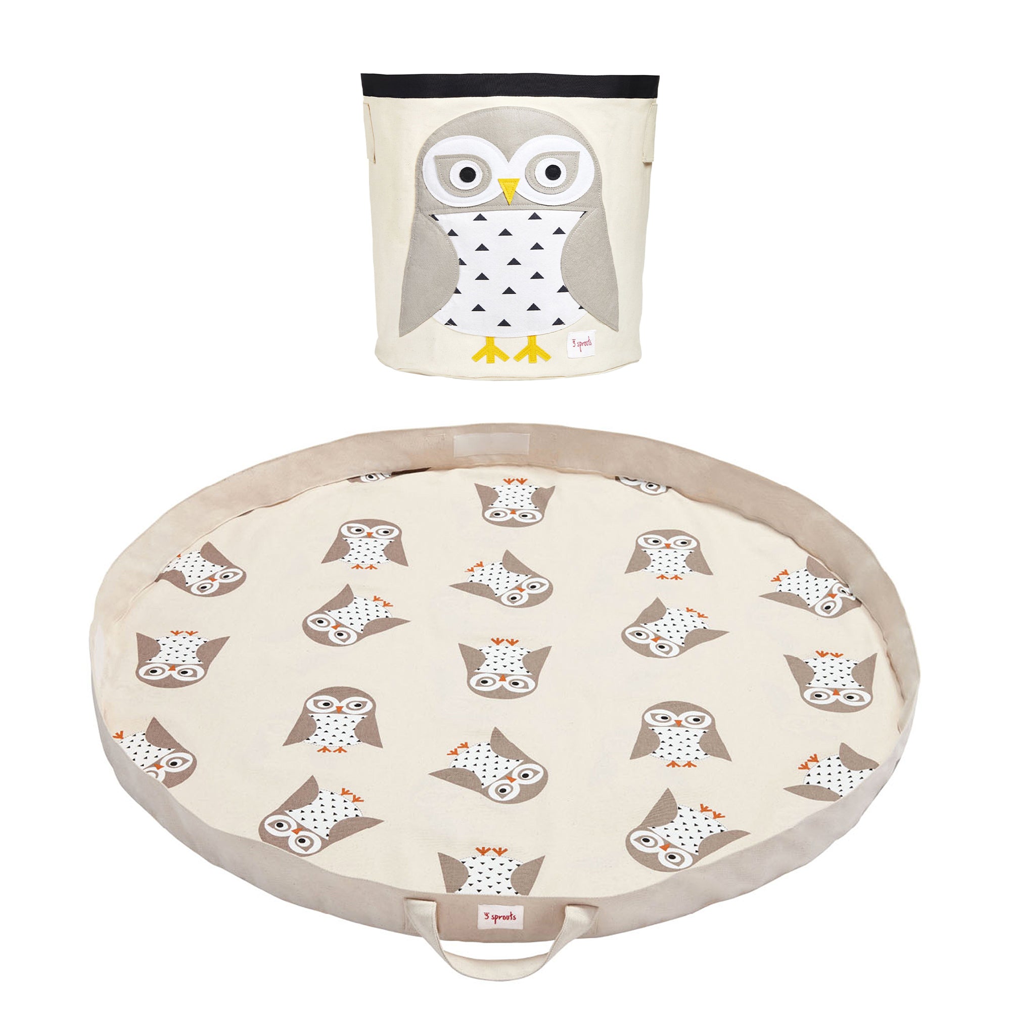3 Sprouts Storage Bin Basket and Toy Storage Bag Play Mat, Gray Owl Pattern