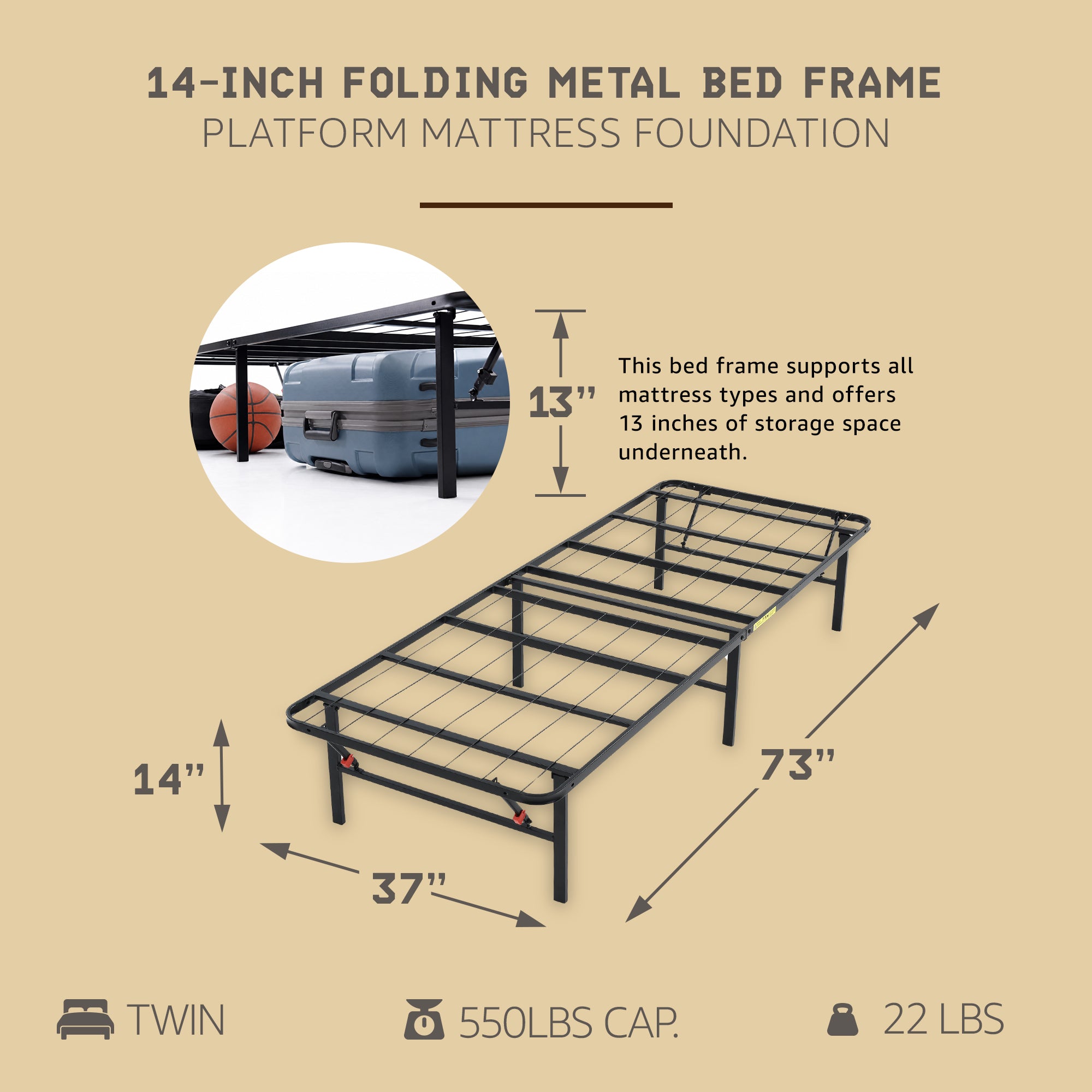 Hercules Folding Metal Bed Frame, 14 Inch Platform Mattress Foundation, Twin - VMInnovations