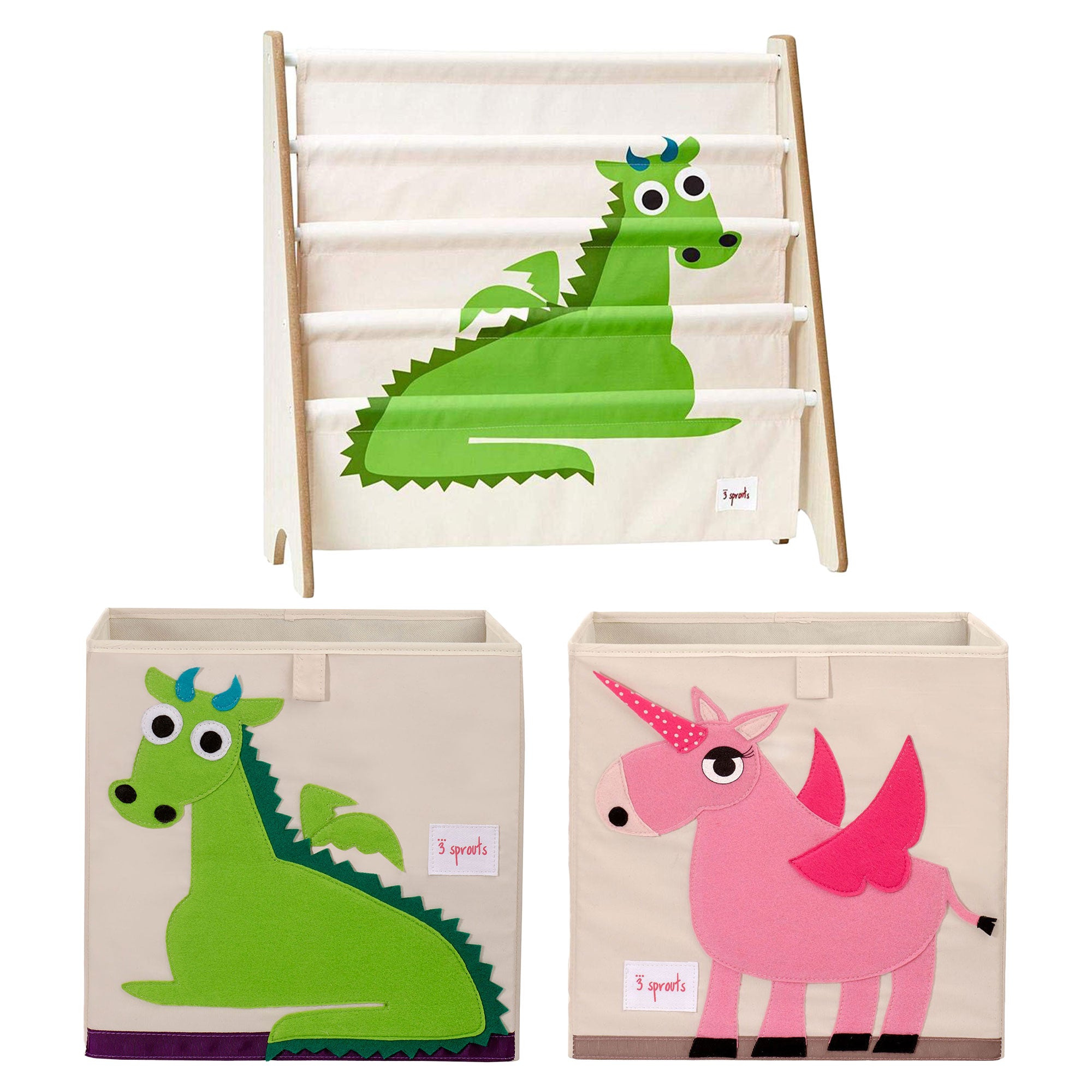 3 Sprouts Kids Foldable Cube Bins, Dragon/Unicorn & Bookcase Shelf Rack, Dragon - VMInnovations