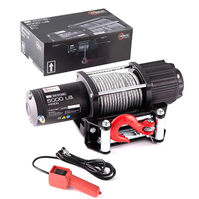 RUGCEL 5,000 Pound Rated Capacity Electric Winch with 50 Foot Long Steel Rope