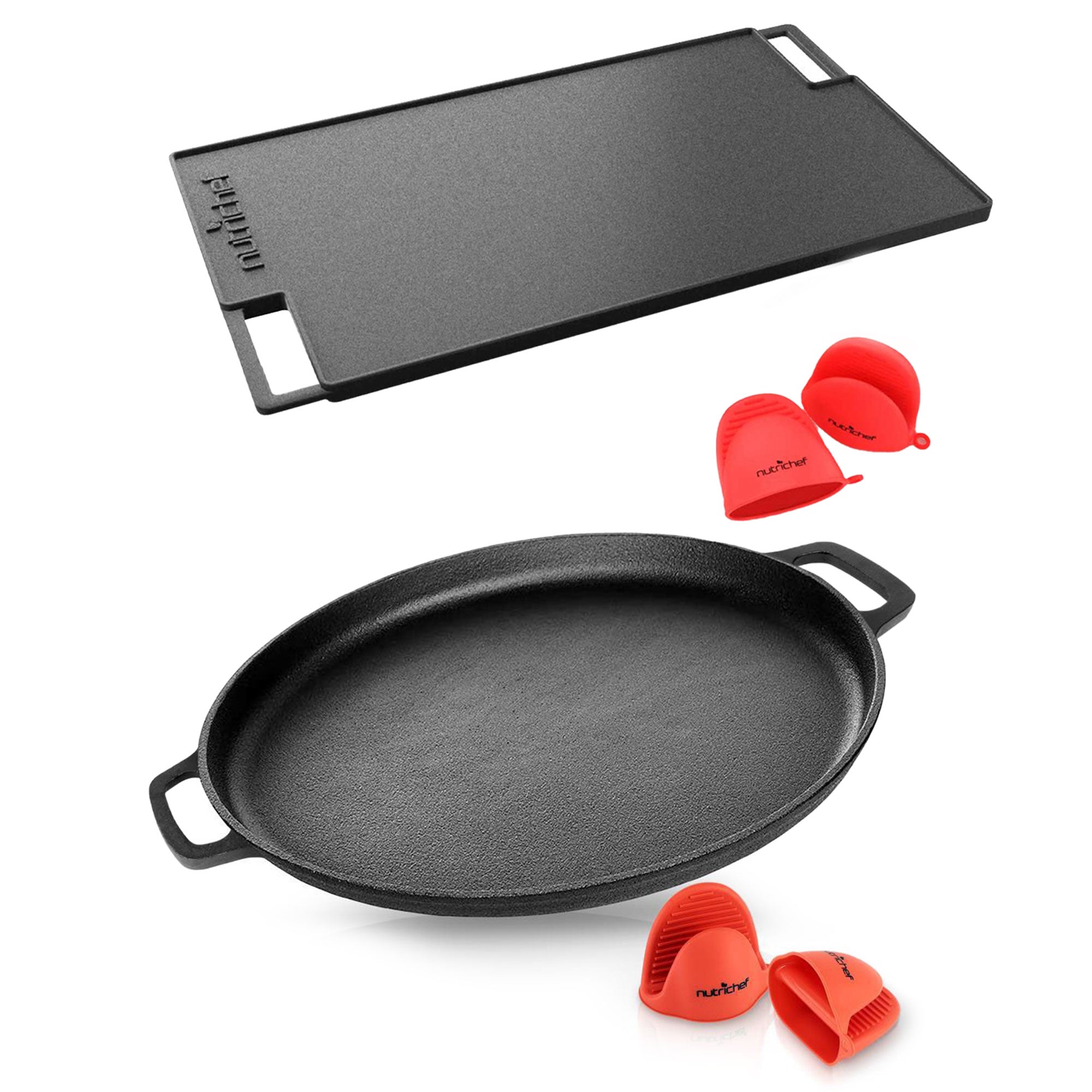 NutriChef Cast Iron Skillet Grill Plate Pan w/ Pizza Baking Pan Kitchen Cookware