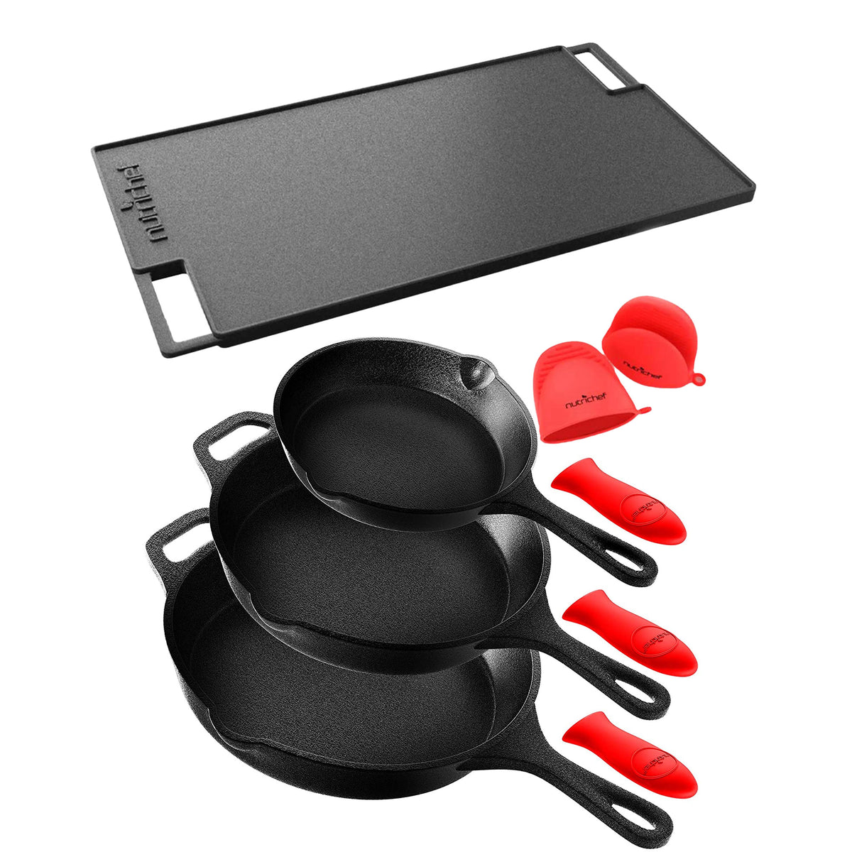 NutriChef Non Stick Cast Iron Skillet 3 Piece Set w/ 18 Inch Stovetop Grill Pan