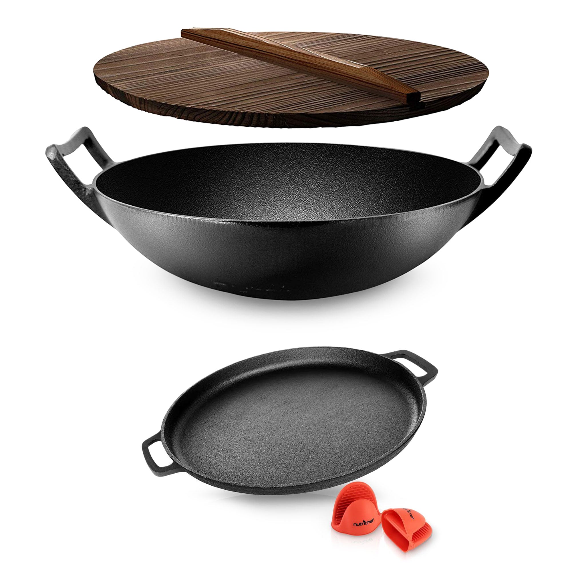 NutriChef Pre Seasoned Wok Cast Iron Stir Fry Pan with Round Pizza Baking Pan