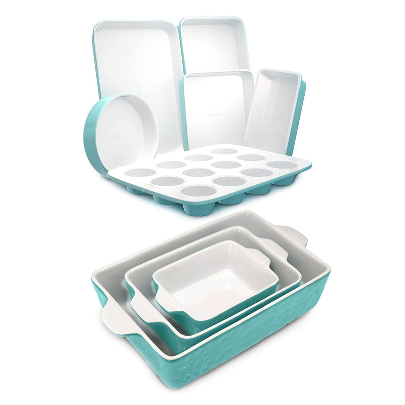 NutriChef Ceramic 3 Piece Nonstick Kitchen Bakeware Set w/ Stackable Baking Pans