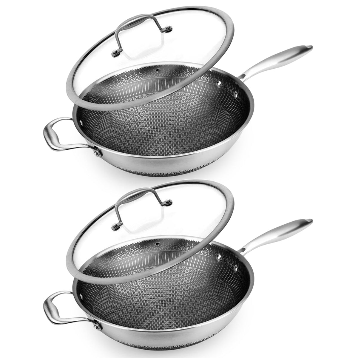 NutriChef 12" Stainless Steel Nonstick Cooking Wok Stir Fry Pan, Silver (2 Pack)