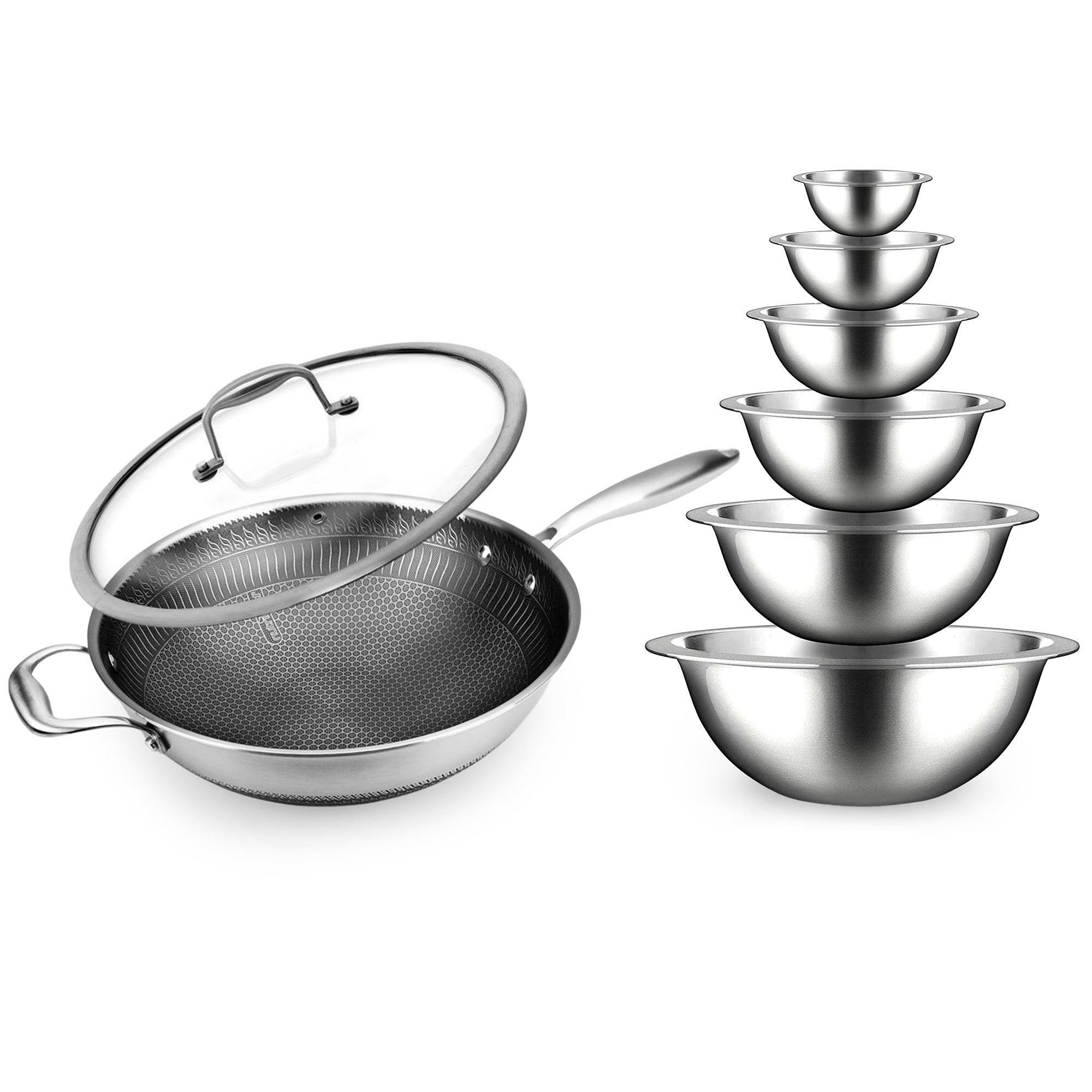 NutriChef Stainless Steel Nonstick Cooking Wok with Food Prep Mixing Bowl Set - VMInnovations