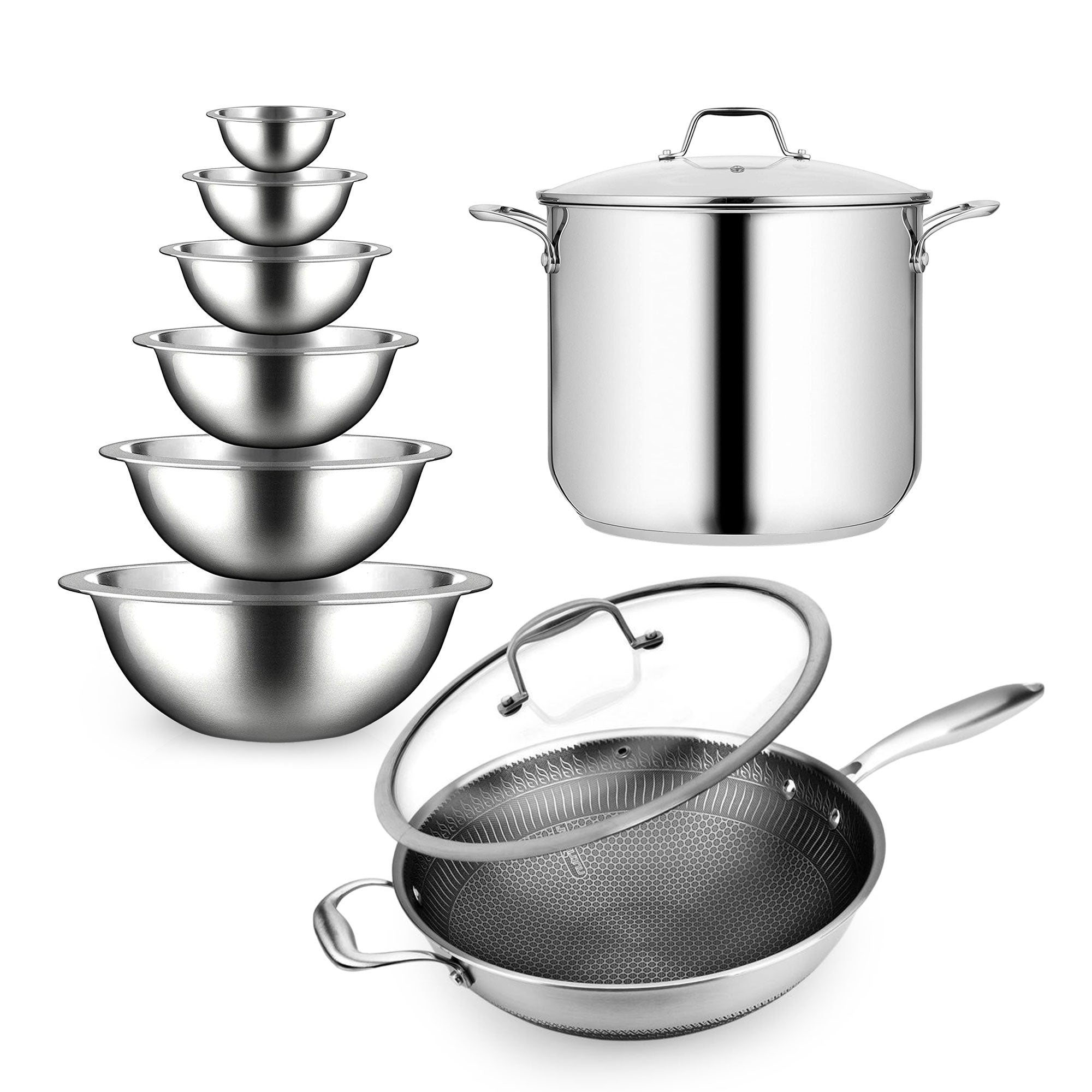 NutriChef 12 Quart Stockpot & 12 Inch Nonstick Wok & 6 Piece Serving Bowl Set