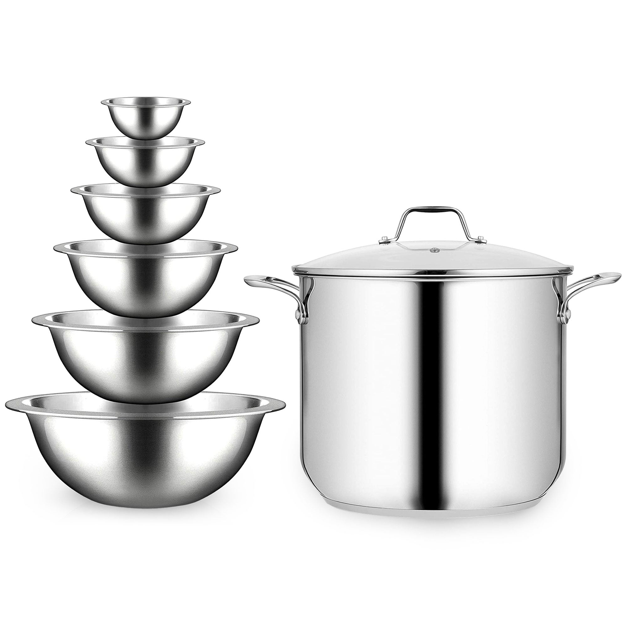 NutriChef 12qt Stainless Steel Stockpot & 6pc Stainless Steel Mixing Bowl Set - VMInnovations