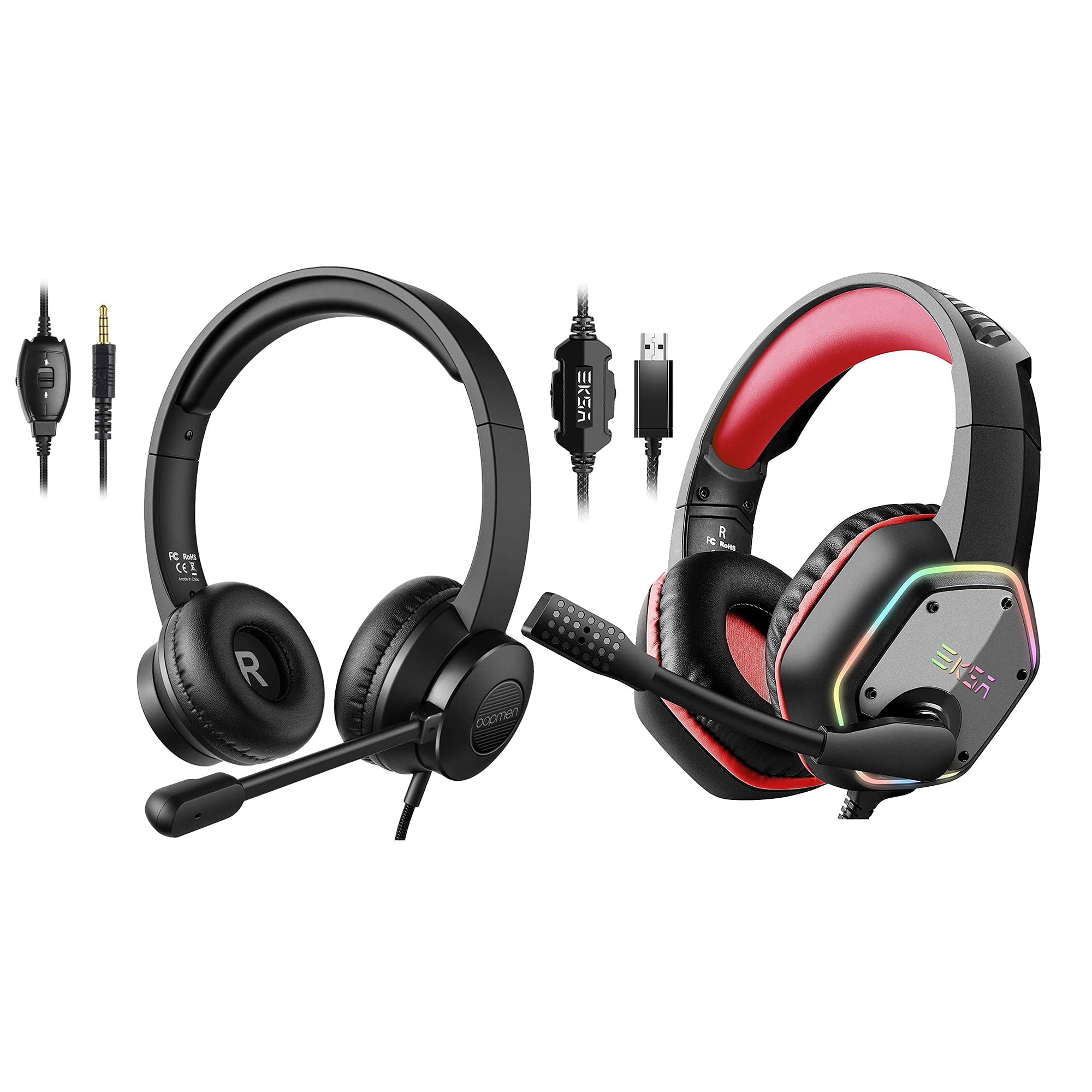 EKSA RGB USB Gaming Headset, Red, and S100 Headphones with Microphone, Black - VMInnovations